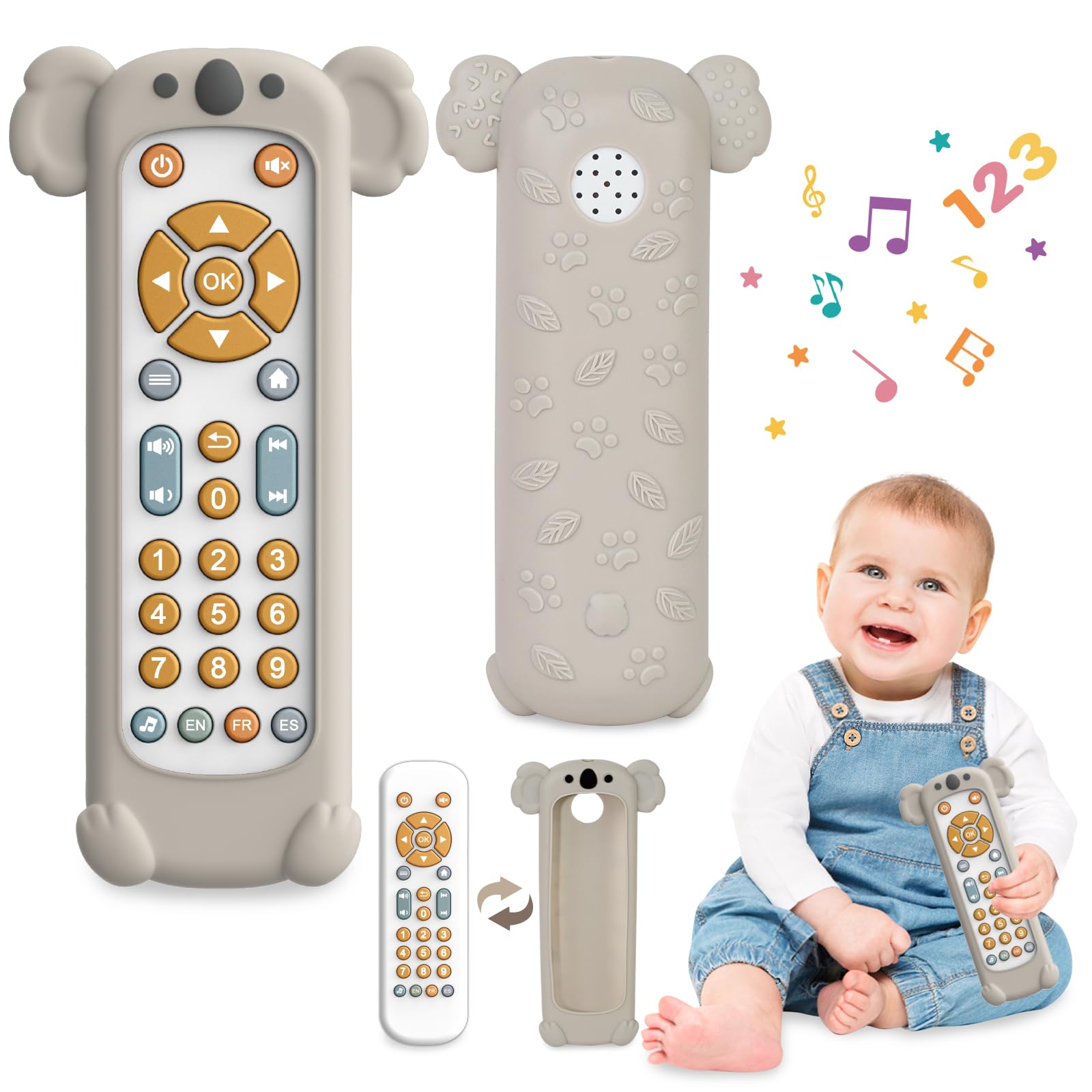 MAVEKID Baby Toys for 1 Year Old, Baby TV Remote Control Toys with Silicone Cover, Toddlers Musical Toy in 3 Language with Light & Sound, Educational Newborn Baby Boy Girl Gift 6, 10, 12 Months（Koala）