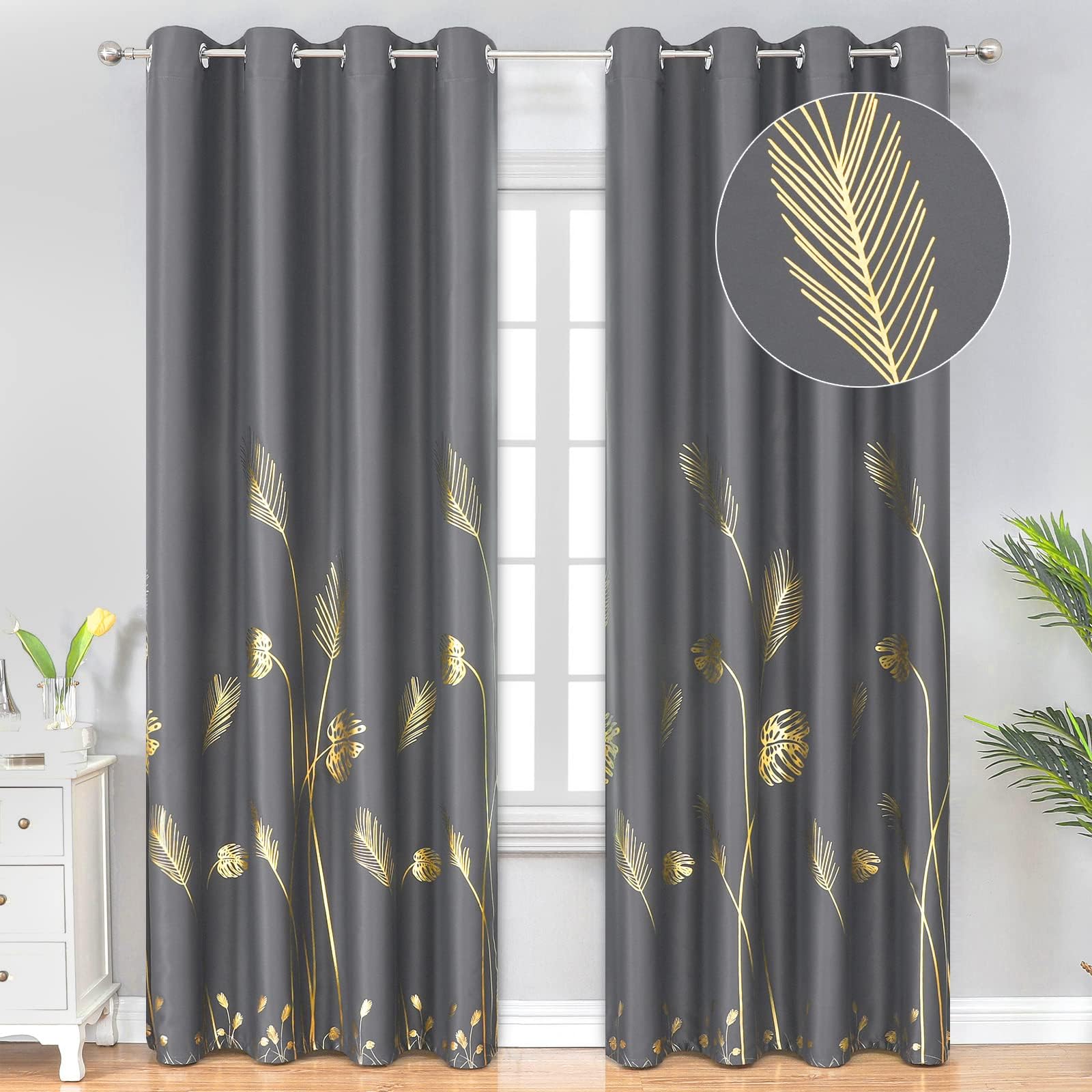 Estelar Textiler Dark Grey Blackout Curtains 96 inches Long 2 Panels for Living Room, Thermal Insulated Window Curtains with Grommet, Light Blocking Palm Leaf Blackout Dreaps for Bedroom, 52Wx96L