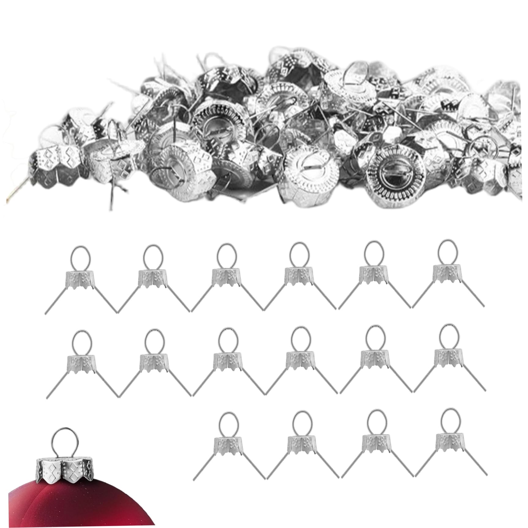 Hbbgdiy Silver Ornament Caps 100Pcs Secure Metal Christmas Ornament Hooks Replacement Hangers For Christmas Tree Baubles, Glass, Ceramic Or Porcelain Decoration, 20Mm,