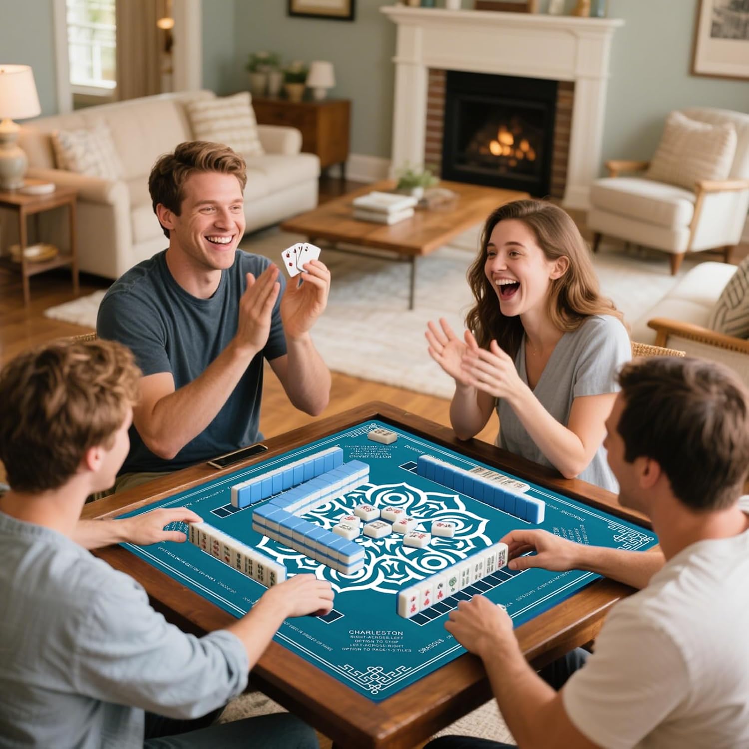 Mahjong Mat 31.5"x31.5" - Waterproof Mahjong Table Mat with Printed Rules, Noise-Reducing & Anti-Slip Surface, 33.4" Bag Fits Rolled Mat - for Majong, Poker, Card Games