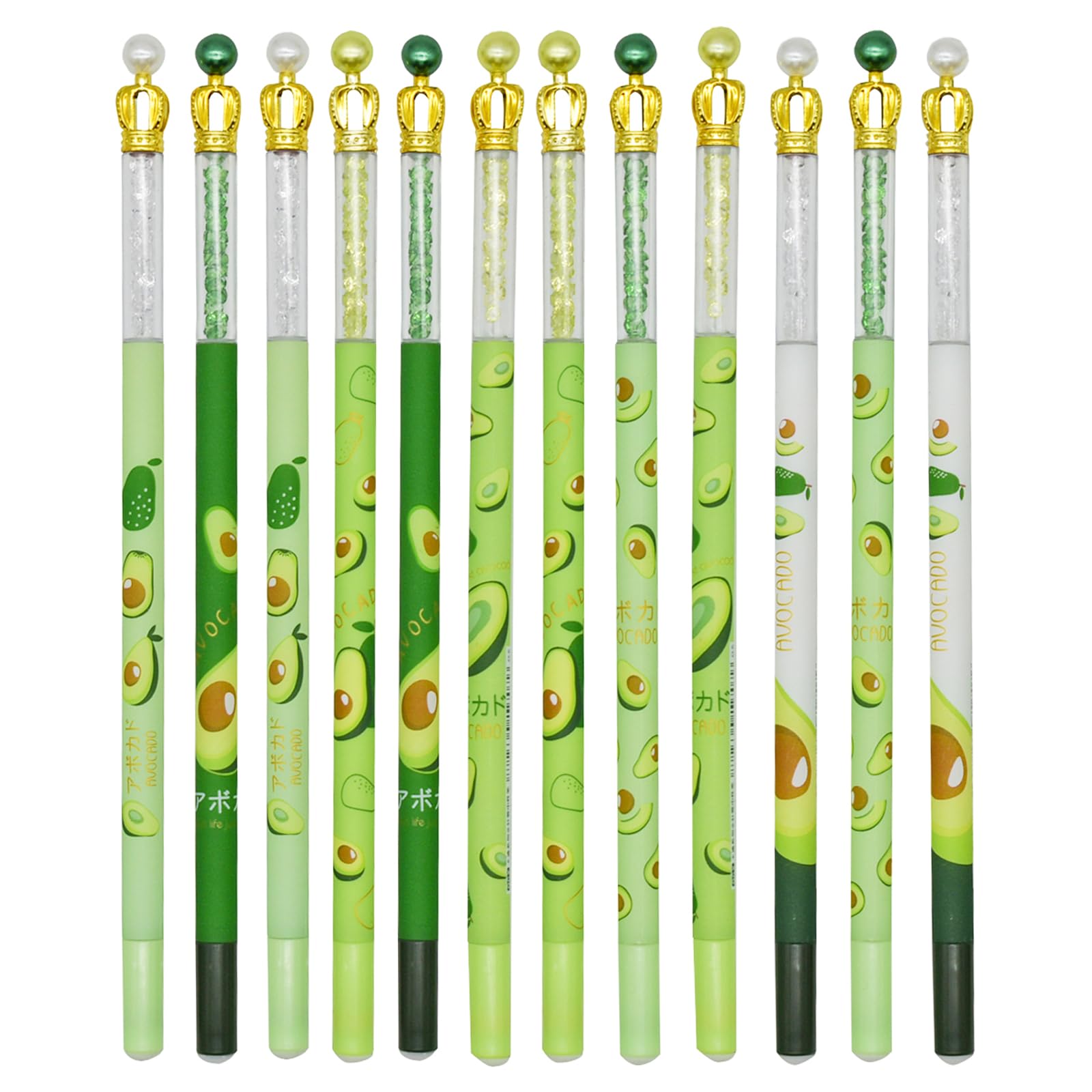 Lopenle 12 Pieces Shiny Crown Pens Fancy Crystal Pen Avocado Pens 0.5mm Black Gel Ink For School Office Christmas Party Weddings