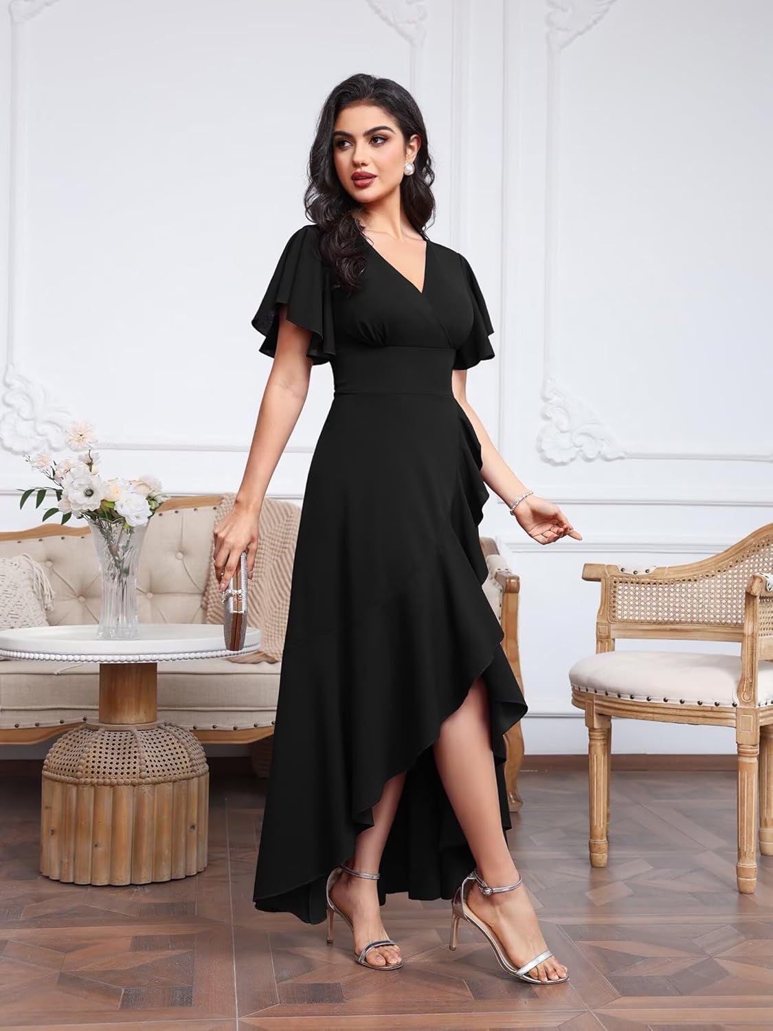 Womens Formal Dresses Elegant V Neck Wrap Ruffle Sleeves Side Split Wedding Guest Dress 3089 Xin - Image 3