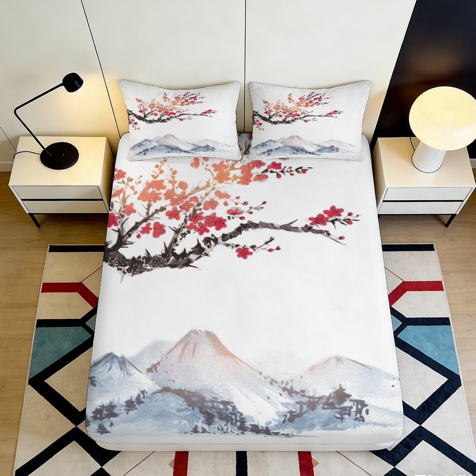 3D Printed Cherry Blossom Mountain Fitted Sheet Microfiber Soft Non Slip Bed Sheet for Bedroom Decor Protection 90x200x25cm