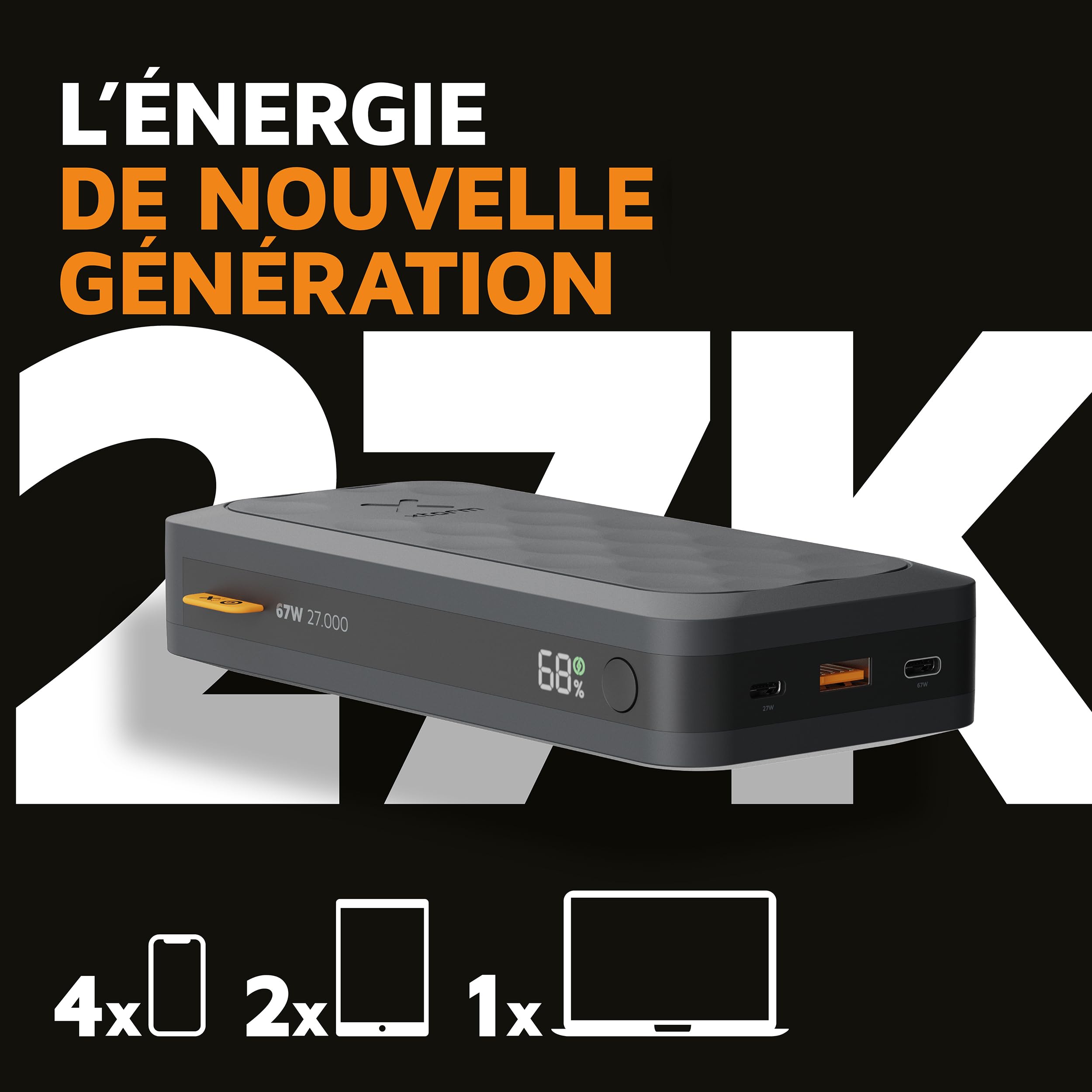 Xtorm Fuel Series 5 Powerbank 67W 27 000mAh, 2X USB-C PD/1x USB-A, Affichage LED, Recharge d'ordinateur Portable, Compatible avec iPhone et Samsung, Noir