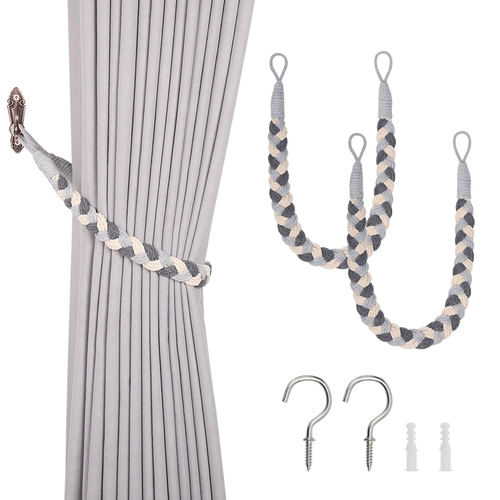 Pretty Jolly 2 Pack Natural Cotton Rope Curtain Tiebacks Elegant Boho Style Decorative Drape Tie Backs Soft Hand-Woven Rope Curtain Holdbacks with Metal Hook for Home & Office Drapery (Grey & Beige)