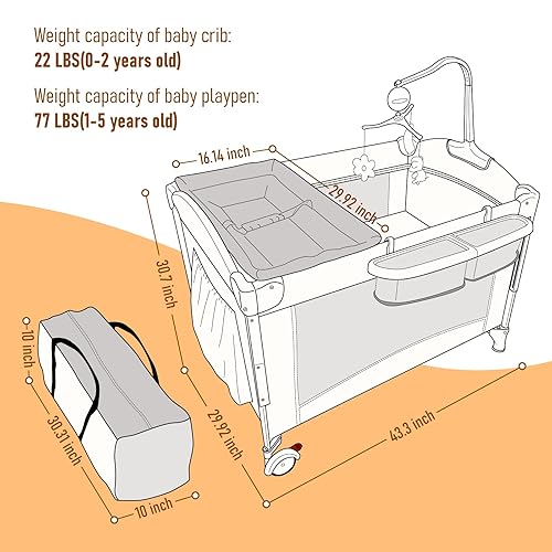 Miniatura 6 de Jaoul Cuna 5 en 1, moisés junto a la cama, empacar y jugar con moisés y cambiador, corralito portátil de viaje con juguetes y caja de música,