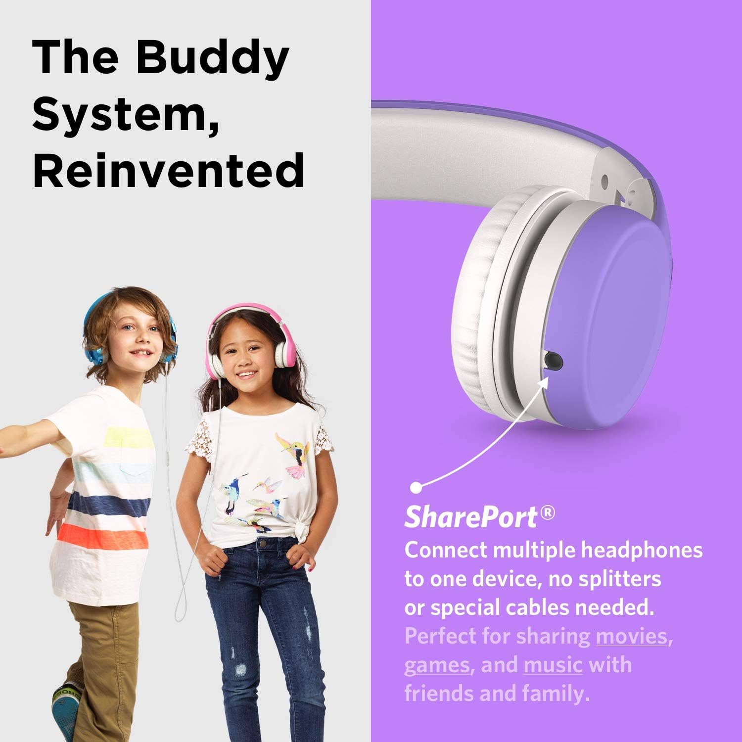 LilGadgets Connect+ Foldable Headphones, Adjustable Fit Soft Touch Padding for Kids with Mic, Volume-Limited & Noise Reduction On-Ear Wired Headset for School with SharePort - Purple, Ages 3-14