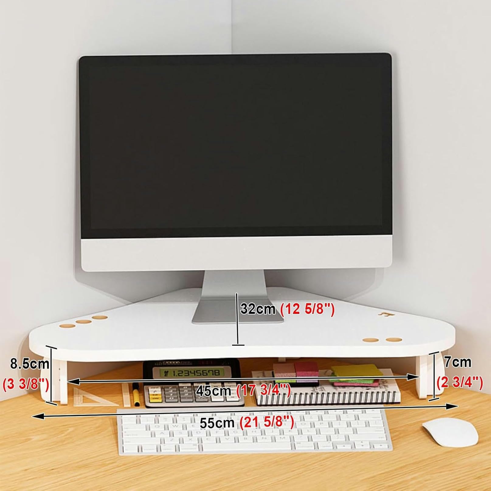 supporto da scrivania per computer, Supporto for monitor angolare bianco con portapenne e foro for cavi