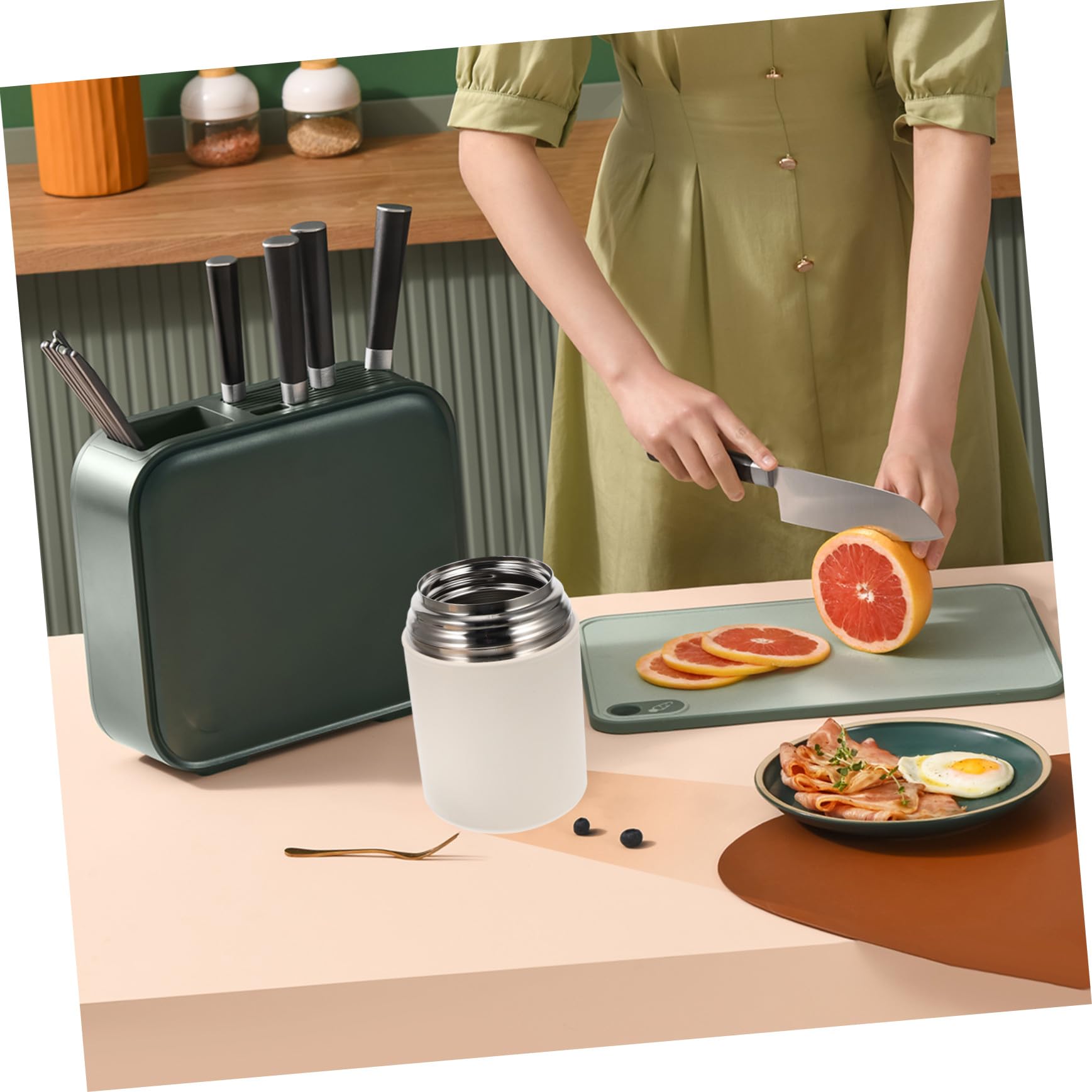 Tarro Aire Calor de al Actividades el Libre Mantiene Comida Térmico Acero Inoxidable 850ml Beige con Cuchara Asa, Fácil de Transportar