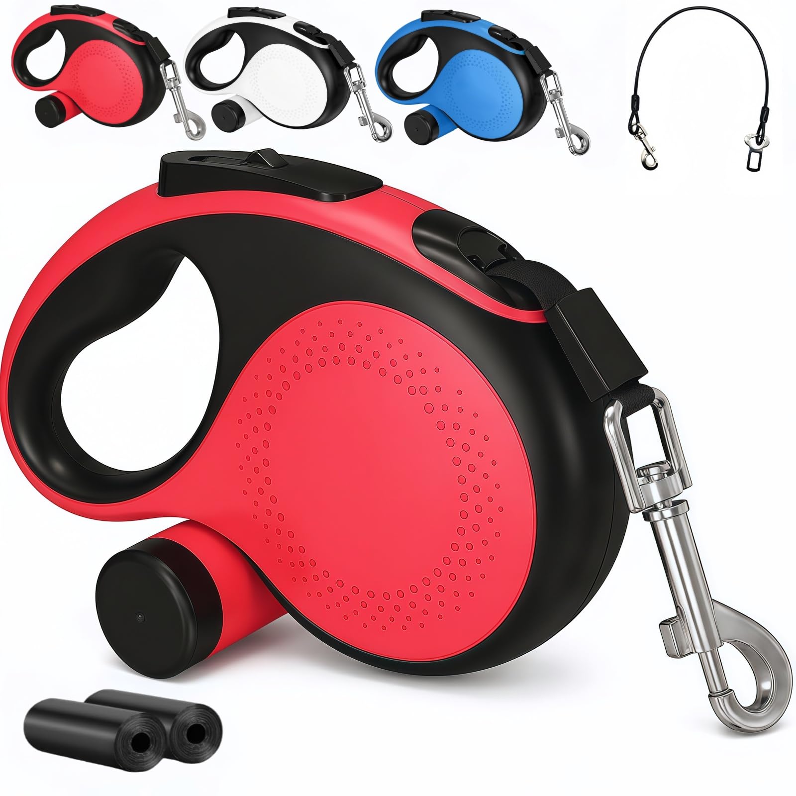 26 ft Retractable Dog Leash Red - Heavy Duty Retractable Pet Leash Chew Proof Cable with Anti-Slip Grip for Medium to Large Dogs up to 110 lbs 360°