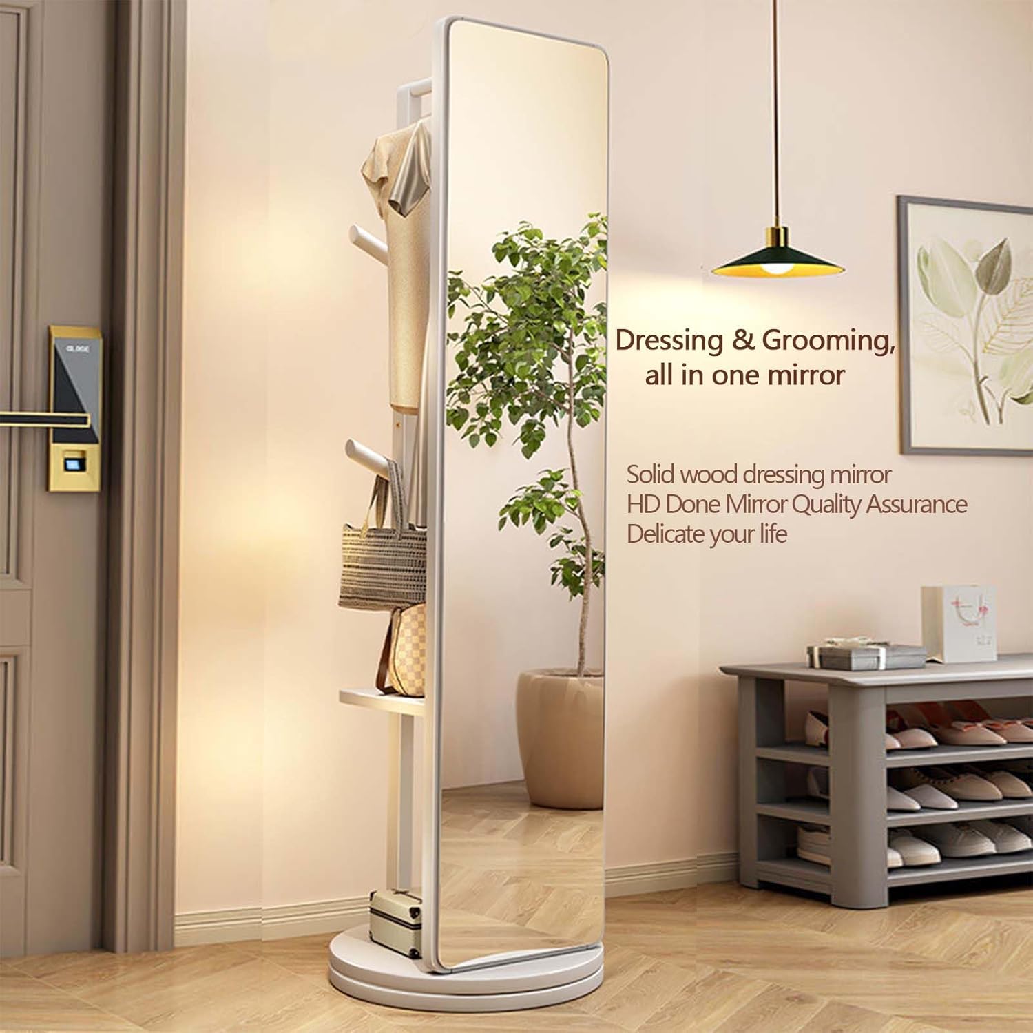 Floor-Standing Solid Wood Rotating Coat Rack，Wooden Rotating Coat Rack with Full Length Mirror Solid Clothes Hanger Stand Decorative Wall Mirror with Rotating Base Freestanding Floor Mirror