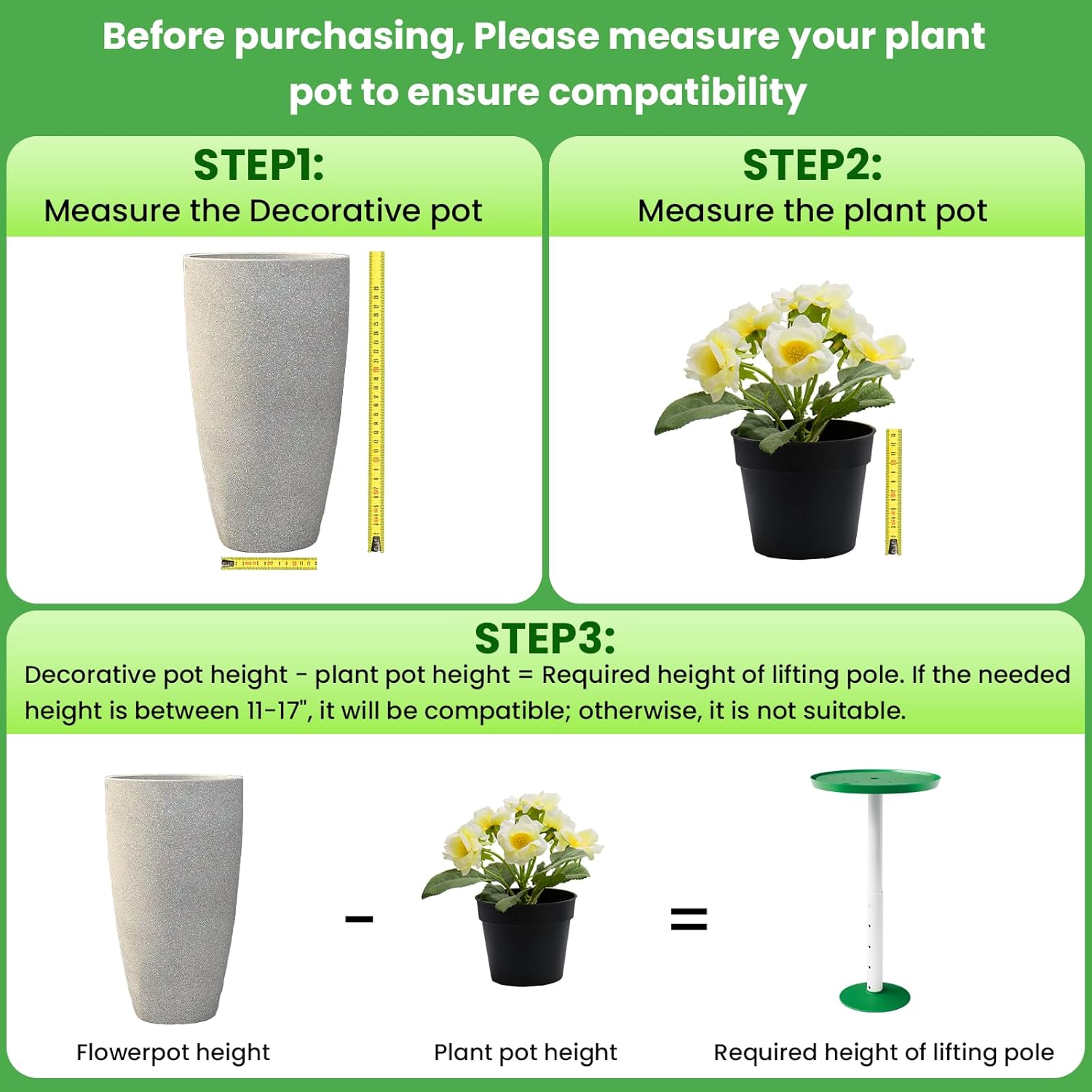 Adjustable Height Planter Inserts for Large Pots, Tall Tapered Plant Riser for Inside Pots, (11-17” Rise, 6" Base, 8" or 10" Top) (2-Pack Short Lift 11-17” Rise)