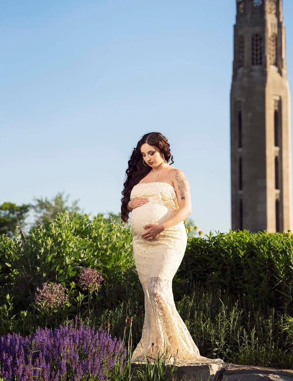 JustVH Women's Off Shoulder Short Sleeve V Neck Lace Maternity Gown Maxi Photography Dress