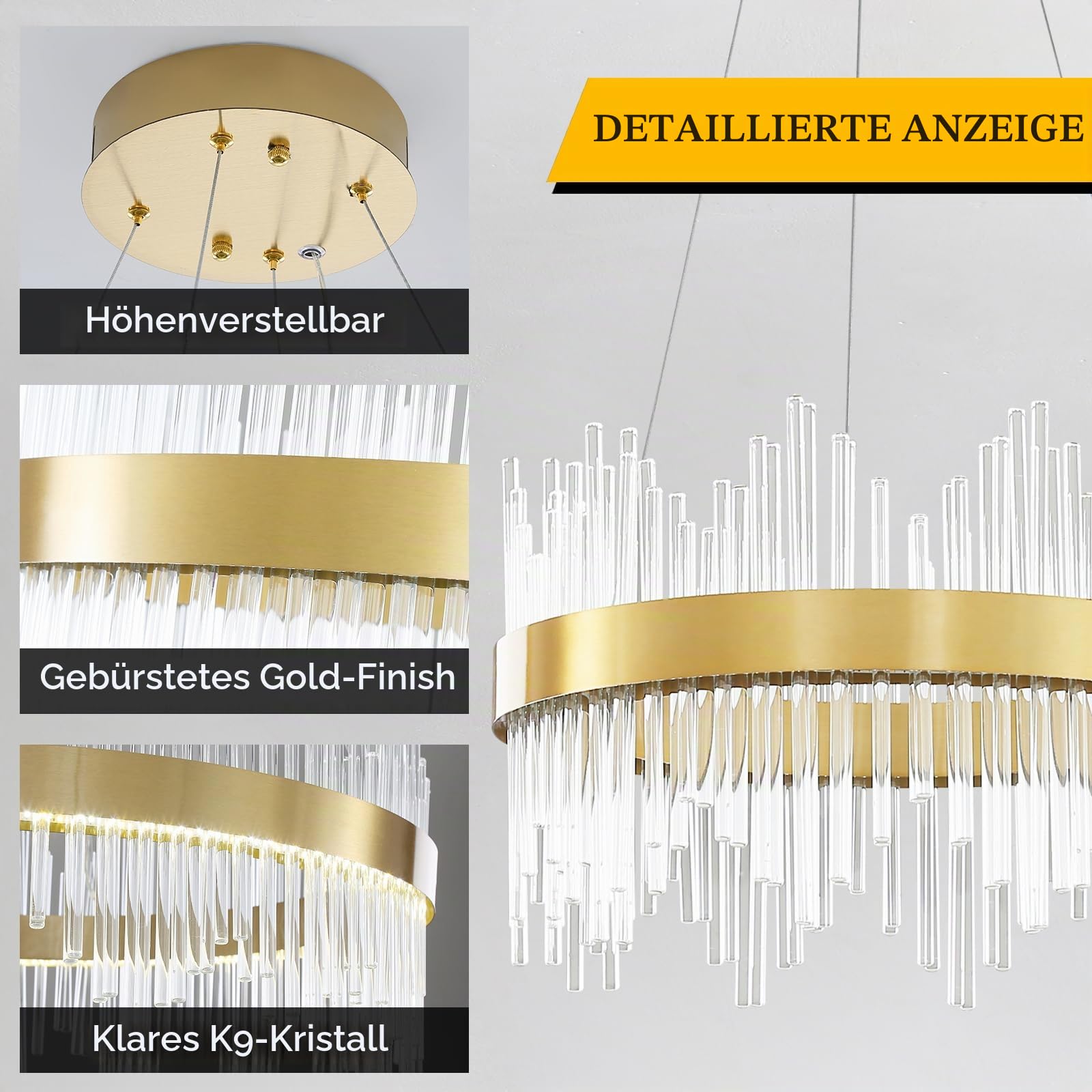 Moderner Kristallleuchter, Led-Pendelleuchte In Gold, Deckenleuchte, Halb BüNdig Montierter Kronleuchter, HäNgelampe FüR KüChe, Wohnzimmer, Schlafzimmer, Flur, Treppenhaus, 40 Cm