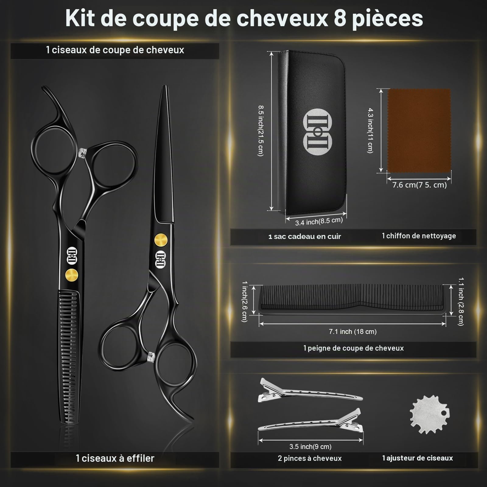 CIICII Kit Ciseaux Coiffure Professionnel, Ciseaux de Coiffure (6,7 Pouces Ciseau Cheveux & Ciseaux Desepaississant Cheveux) pour Hommes Femmes, Salon de Coiffure à Domicile (Noir)