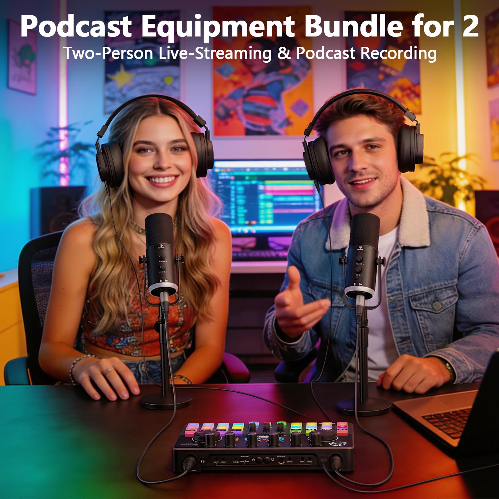 Podcast Equipment Bundle per 2, interfaccia audio con 2 microfoni dinamici XLR/USB, 2 supporti per microfono desktop e 2 cuffie, RGB, cambio vocale per registrazione vocale, podcasting, streaming
