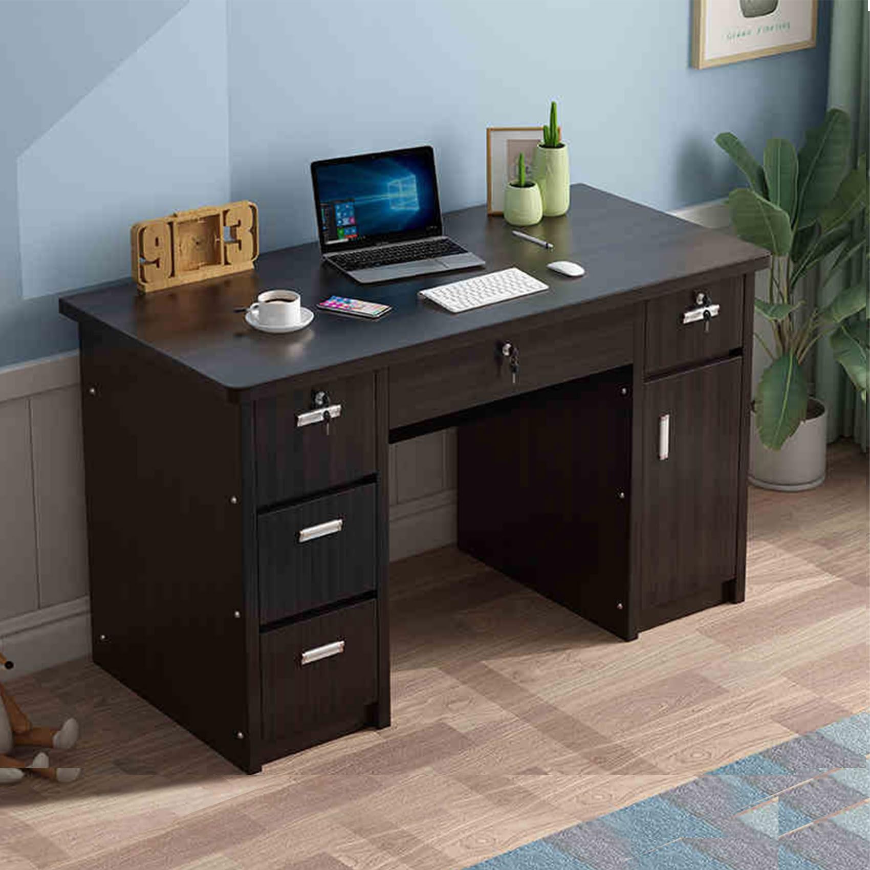 Office Computer Desk with Locking Drawers, Home Office Writing Desk, Wood Computer Desk, Desk with Storage, Workstation Desk for Bedroom Living Room (F,48" L×24" W×30" H)