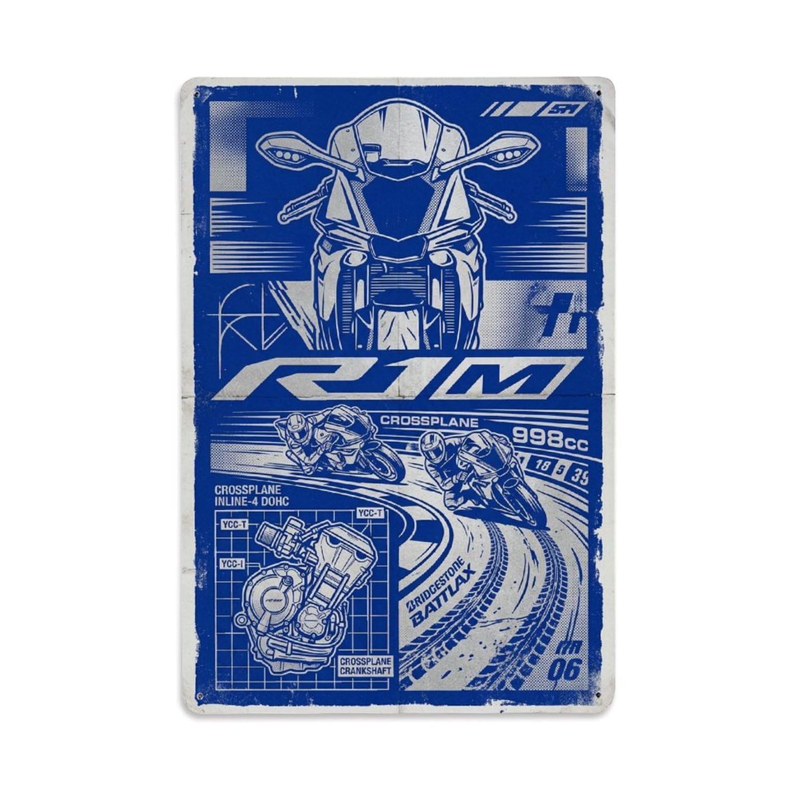 Yzf-R1M Superbike Vintage Motorcycle Design Track Racing Metal Tin Sign Plaque Wall Decor for Cafe, Man Cave, Club Bar, Office, Home Garden Round Metal Poster 8x12Inch