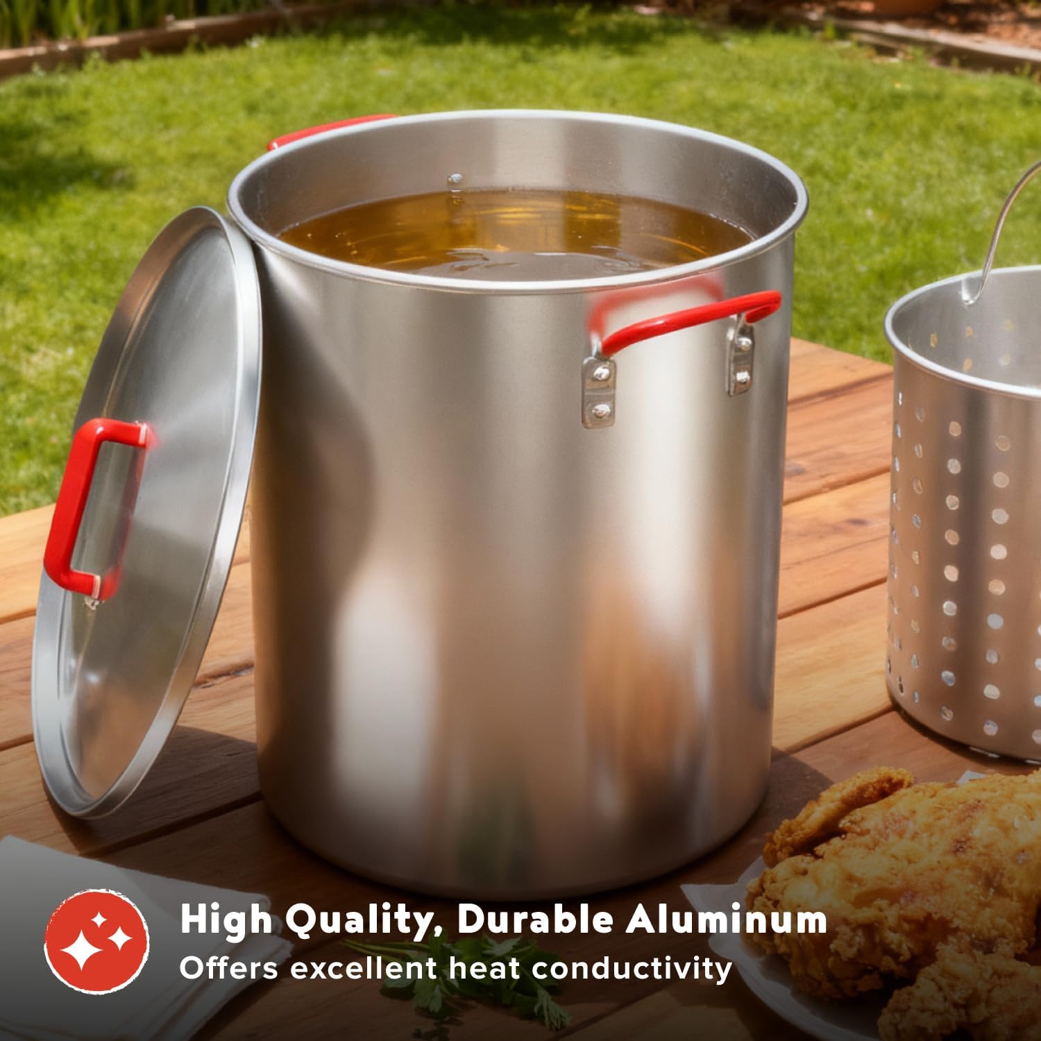 Megamaster Turkey Fryer Pot with Basket, 30 Qt Aluminum Seafood Boil Pot with Lid and Silicon Handles, Premium Deep Fryer Pot for Turkey, Seafood, Crawfish, Crab, Fish - 630-13005