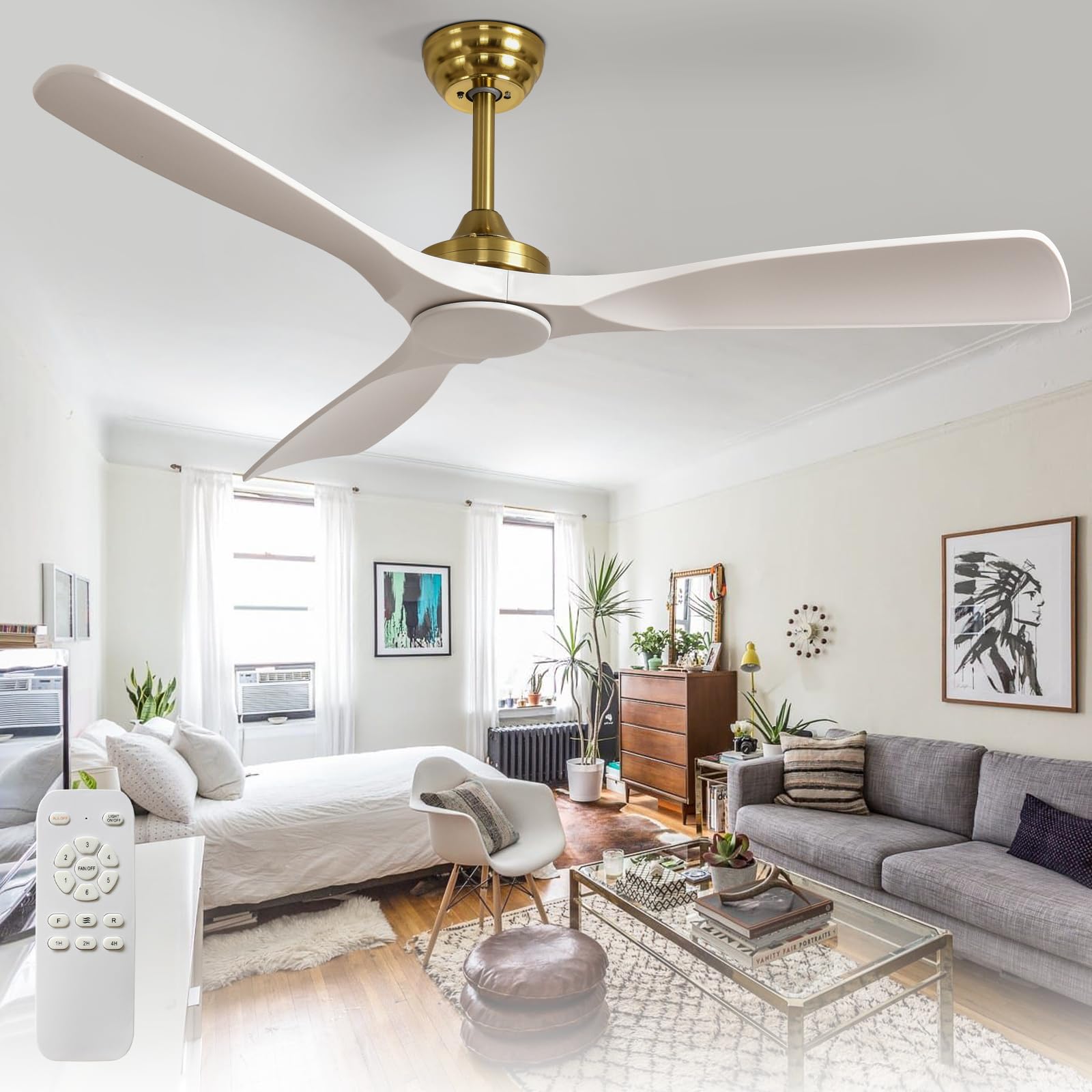 Depuley Ventilador de techo sin luz: Ventilador de exterior de 52 pulgadas con control remoto por aplicación para porches y terrazas - Ventilador de techo blanco dorado sin luz para interiores