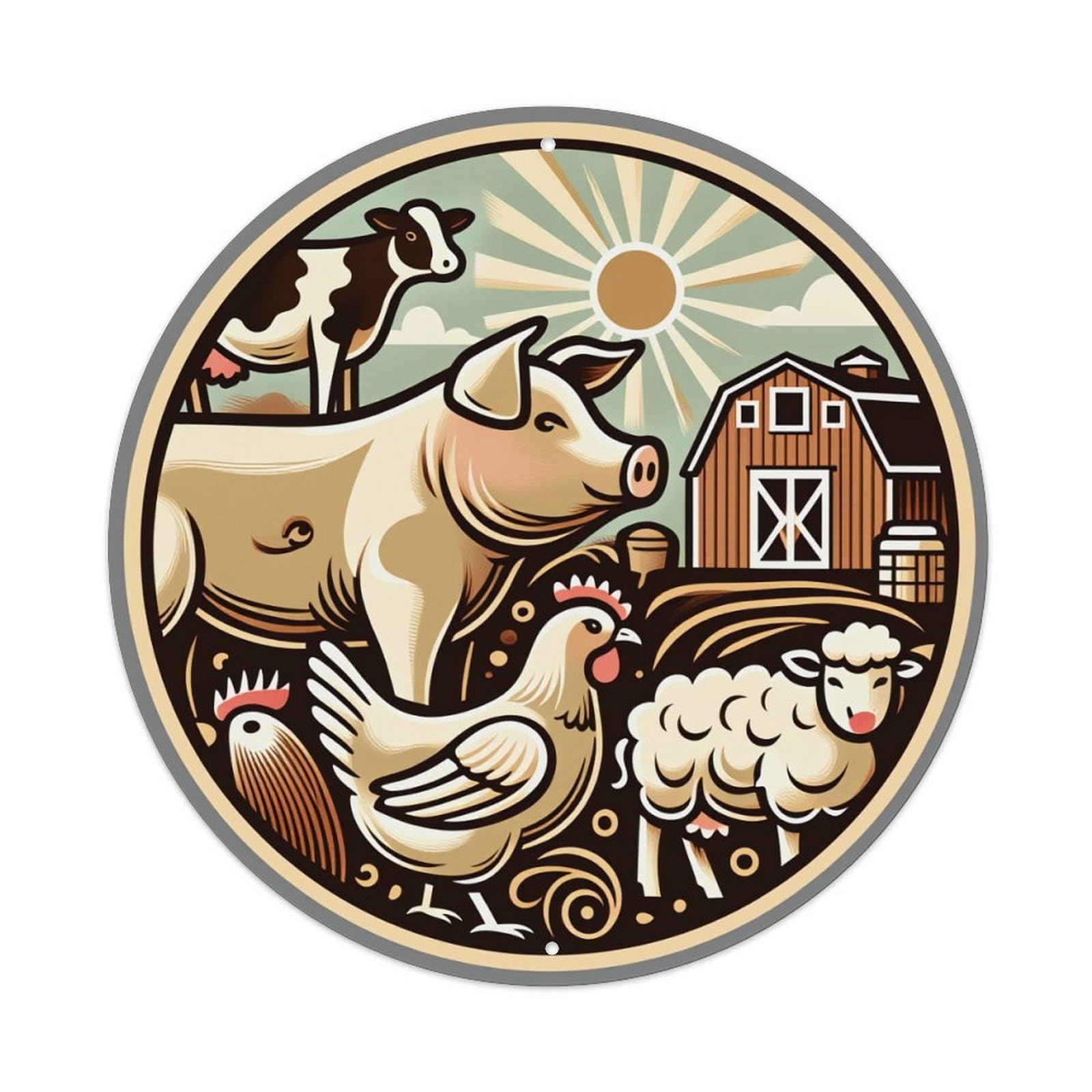 Farm Animals Barn Sun Sky Round Tin Sign Vintage Metal Poster, Home Bar Garage Man Cave Cafe Indoor & Outdoor Wall Decoration 8x8Inches