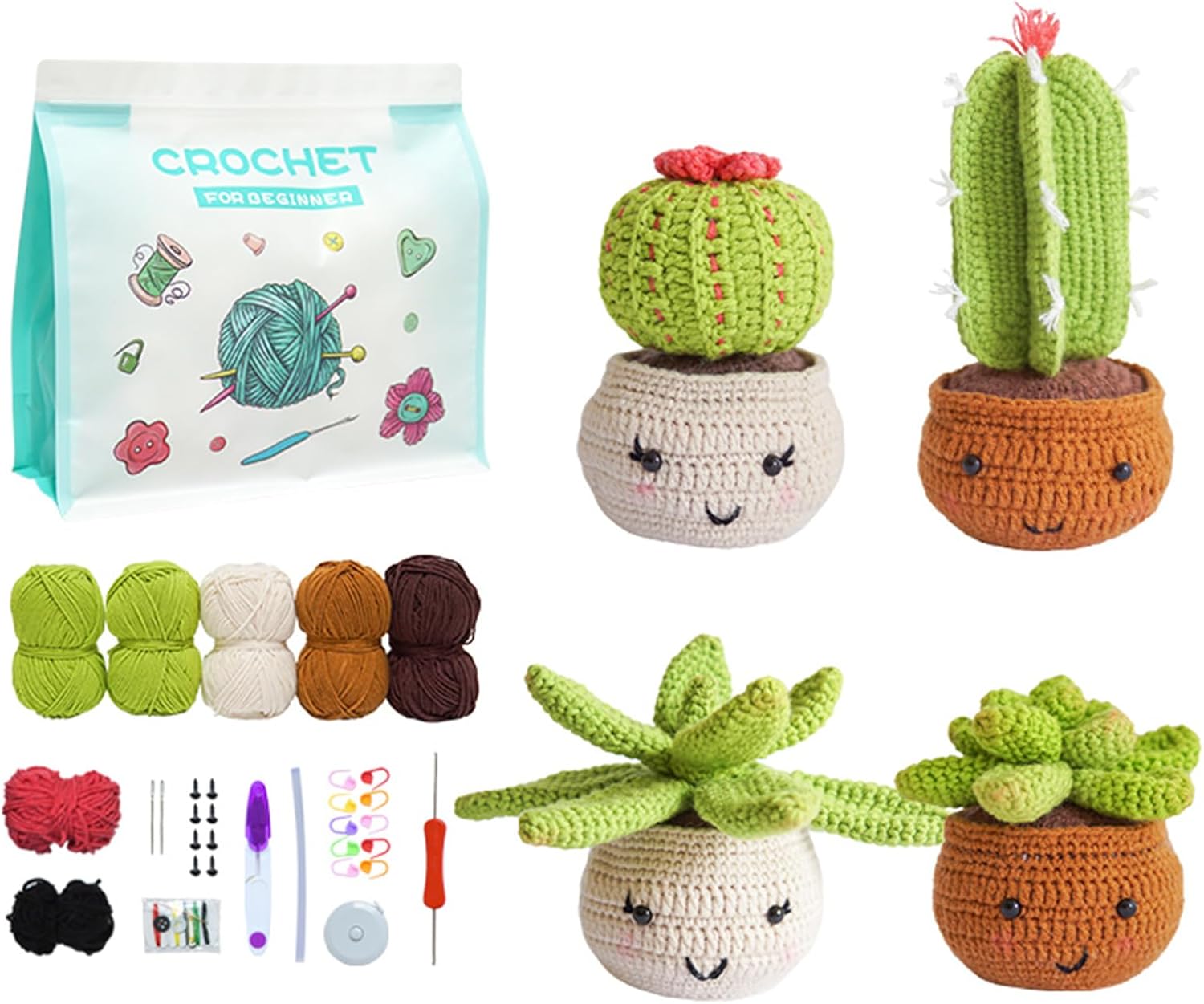 CQCLUZQI Crochet Kit for Beginners, 4 Cute Cactus Family Crochet Kit Step-by-Step Video, Beginner Crochet Kit for Adults & Kids DIY Knitting Supplies (Cactus Family)