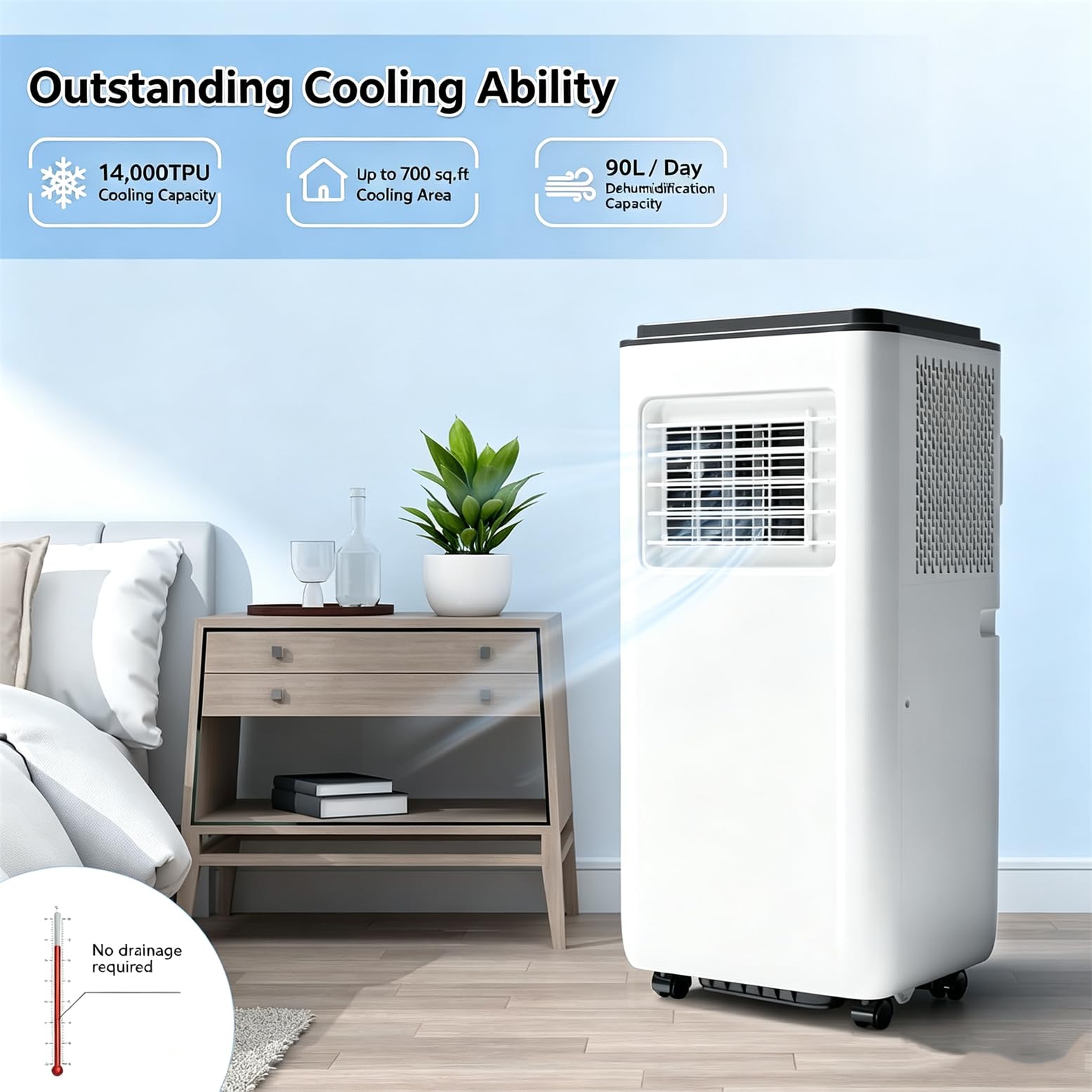 Climatiseur Portable 12000 BTU, Unité Mobile 2 Vitesses avec Télécommande Et Minuterie 24 H ; Modes Froid, Chaud, Ventilation Et Déshumidification ; pour Bureau Ou Domicile (Salon, Chambre)