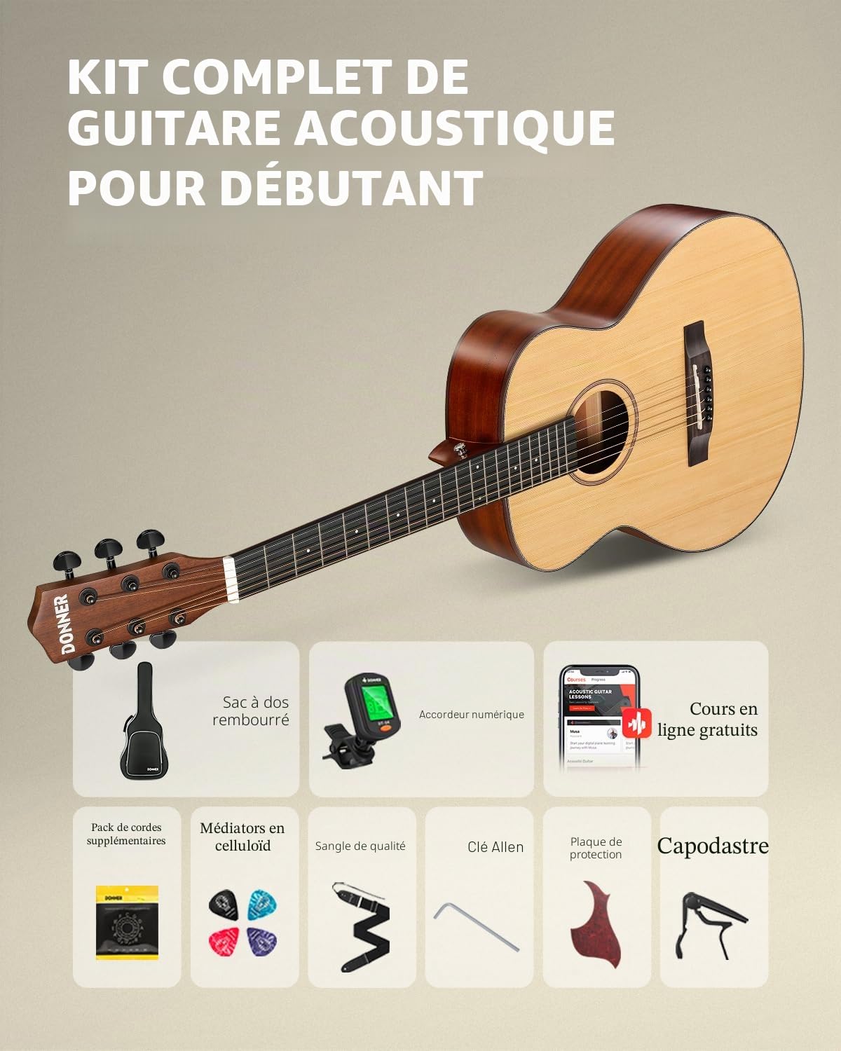 Donner 3/4 Guitare Acoustique Adulte Debutant Guitare Folk 36 Pouces Guitare Kit de Voyage avec Sac Capo Tuner(Naturel)