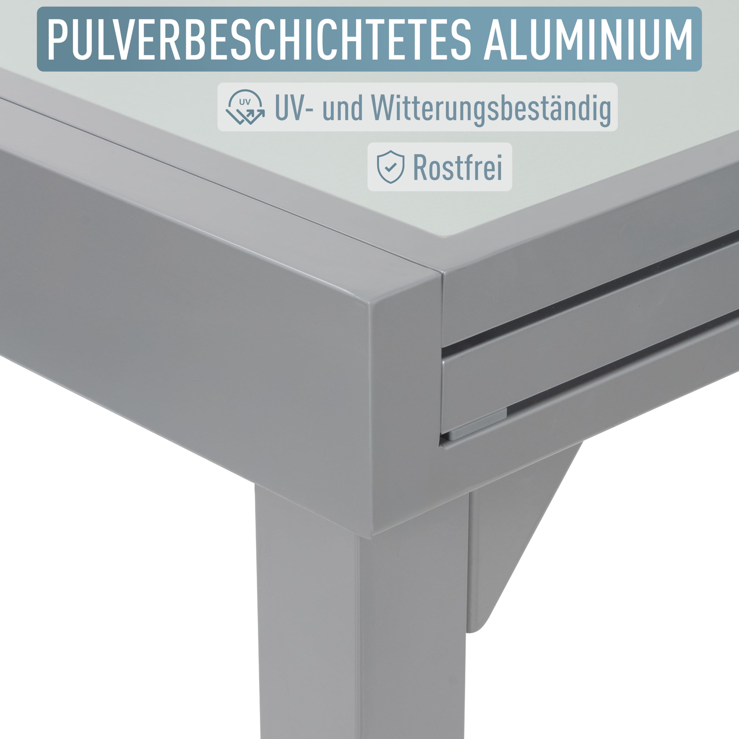 ib style Gartentisch Diplomat XXL, Outdoor Ausziehtisch, Aluminium Esstisch, Balkonmöbel, Gartenmöbel, Tischplatte aus Sicherheits Glas, Ausziehbar, 135-270 cm, Silber