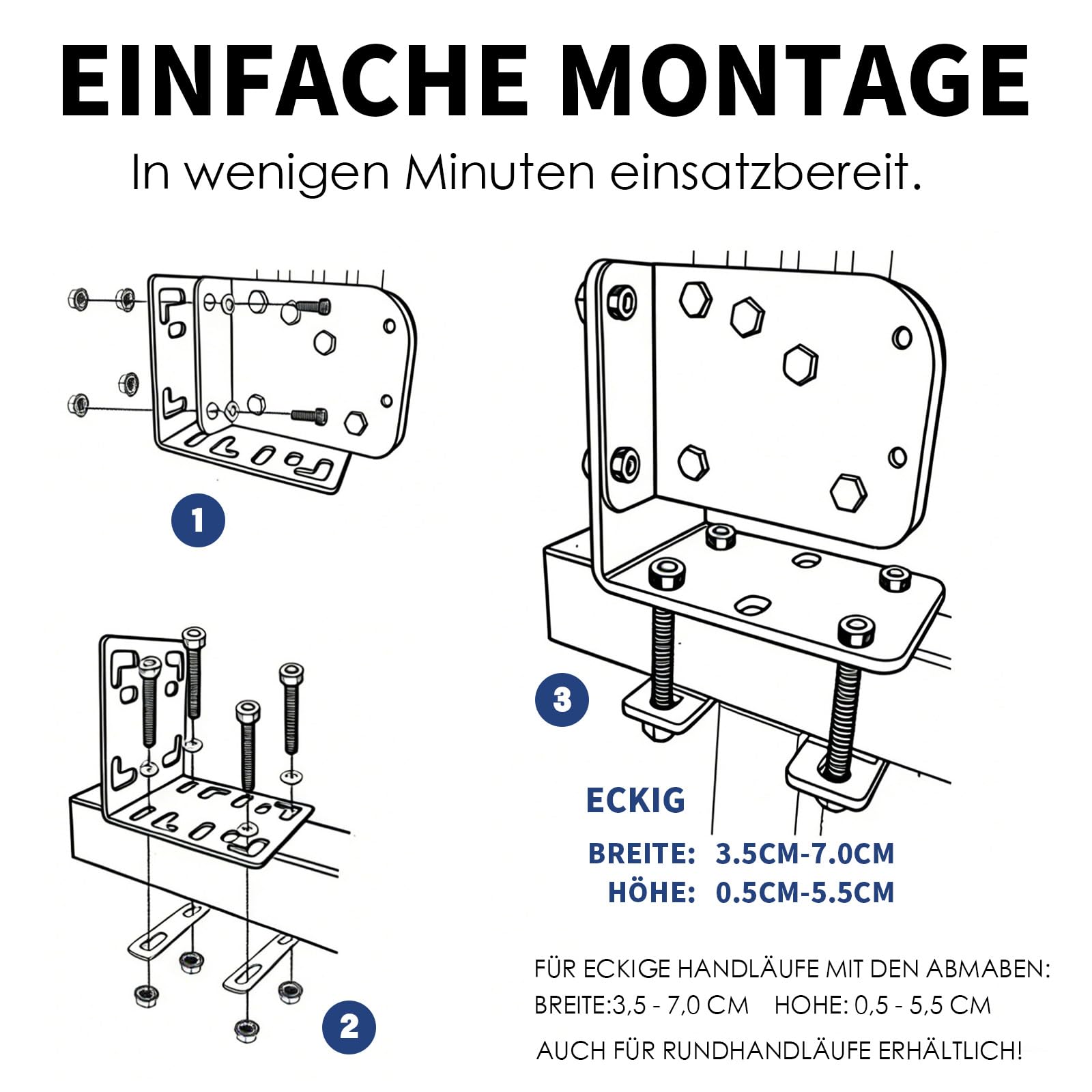 Balkonfächerhalter Adapter für Balkongeländer,Ohne Bohren,Halterung aus Edelstahl für Rundes Geländer, Befestigung für Balkonfächer und Seitenmarkisen bis 160 x 160 cm (Für Vierkantrohr)