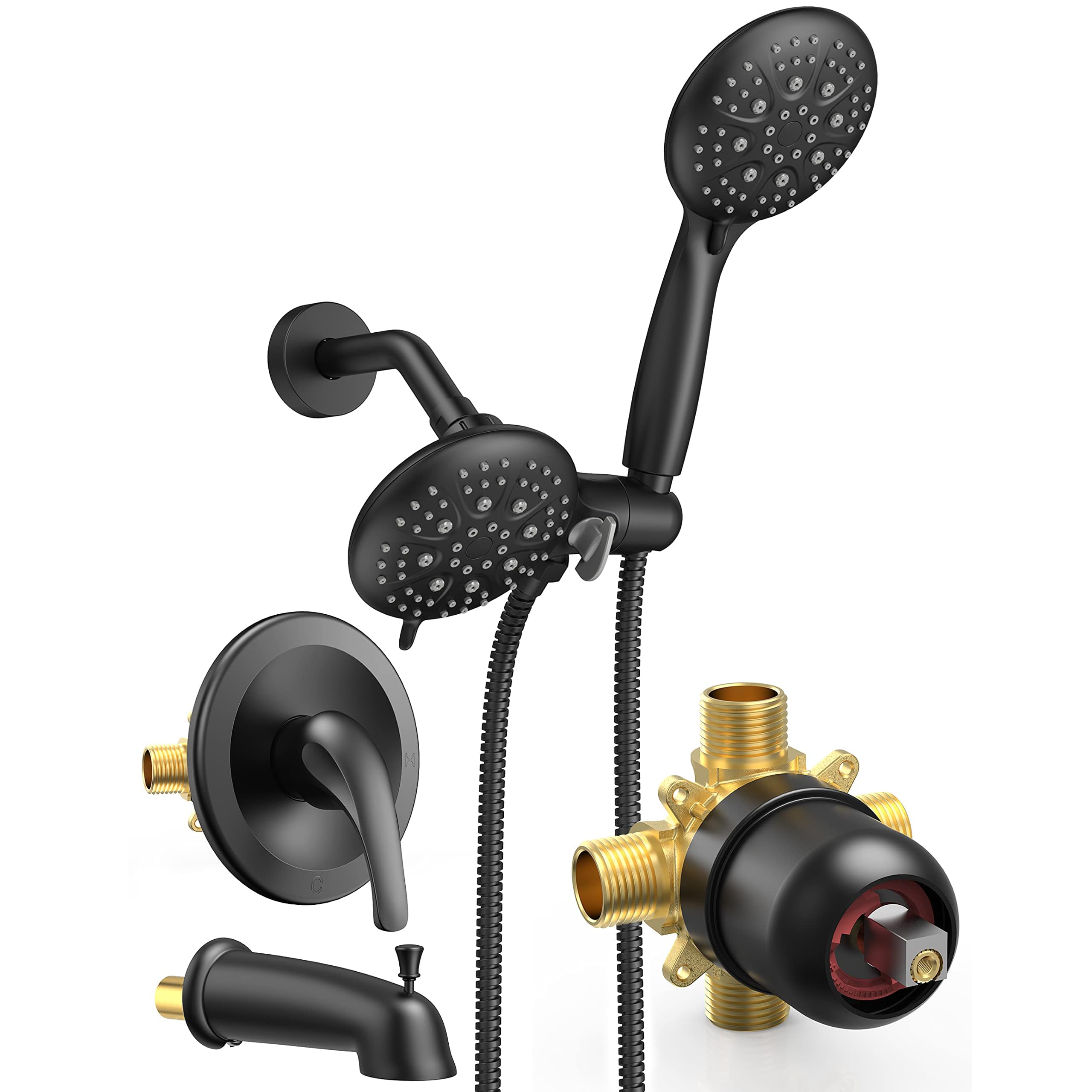 SR SUN RISE Shower System with Tub Spout, 35-Function Dual 2-in-1 Tub and Shower Faucet Combo Set, Single-Handle Tub and Shower Trim Kit, Patented 3-Way Diverter Matte Black(Valve Included)