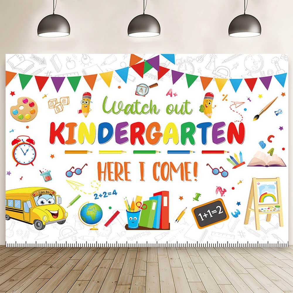 MEHOFOND7x5ft White Kindergarten Back to School Backdrop Kindergarten Here I Come Background Students Teachers First Day of Preschool Class Banner Decorations School Bus Ruler Photo Studio Props