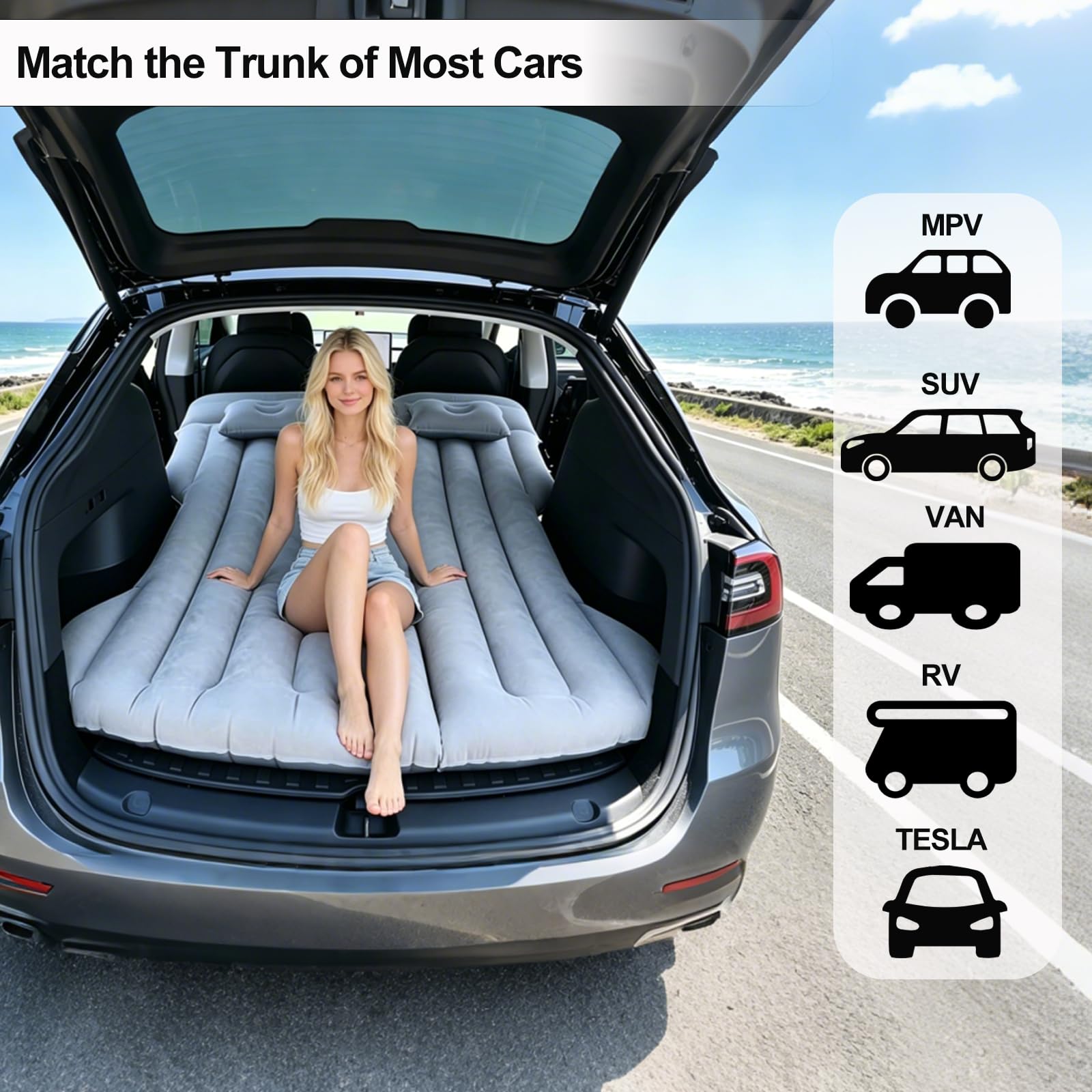 Przenośne Materac Dmuchany do Tesla Model Y i SUV | 190x130 cm, z pompą powietrzną, wysoka obciążalność 300 kg, 4 oddzielne komory gazowe, wytrzymały materiał PVC, składany