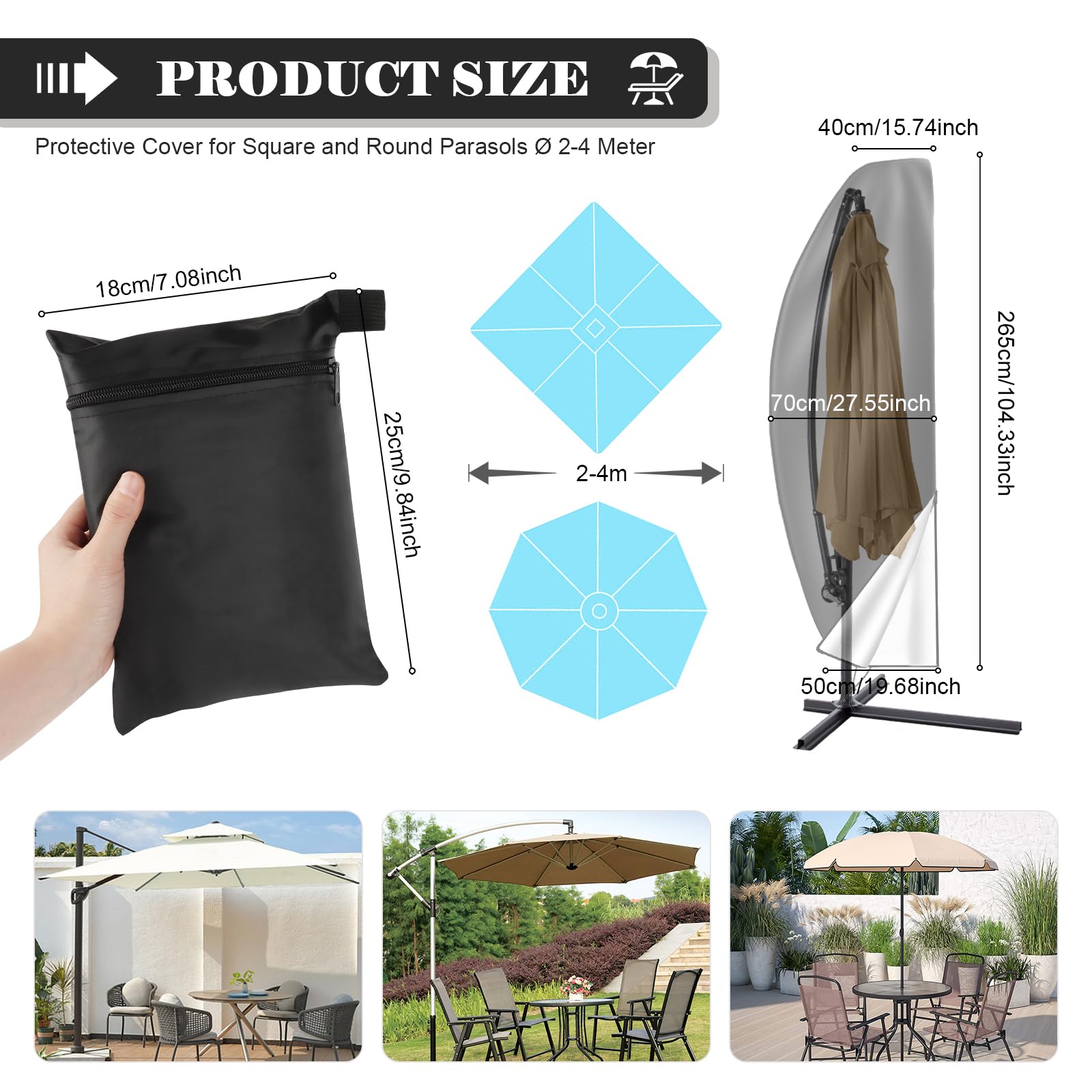 Housse De Protection Pour Parasol Déporté - Tissu Oxford 210D Imperméable, 240x57 Cm, Avec Corde Et Sac De Rangement