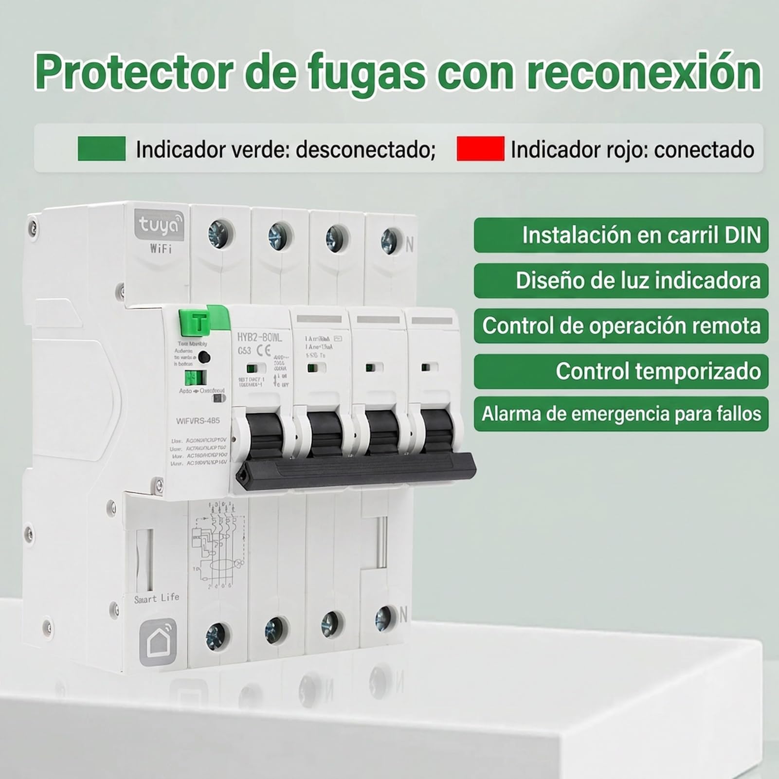 Disyuntor inteligente wifi 63A 30ma magnetotermico 380V 4P TUYA/Smart Life APP Recovery inteligente de reconexion interruptor Proteccion contra fugas contra fugas por subtension.