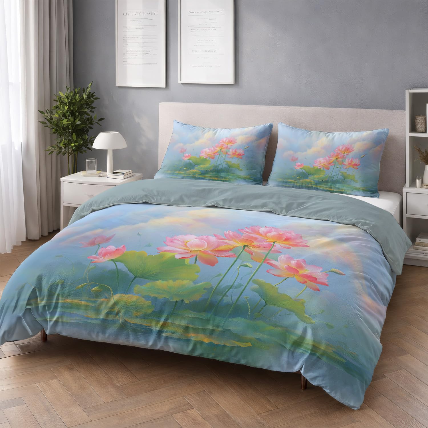 Generisch Pościel 155 x 220 cm, dla alergików, na 4 pory roku, miękka i nie wymaga prasowania, zestaw pościeli z motywem kwiatów, różowy lotos, elegancki wzór