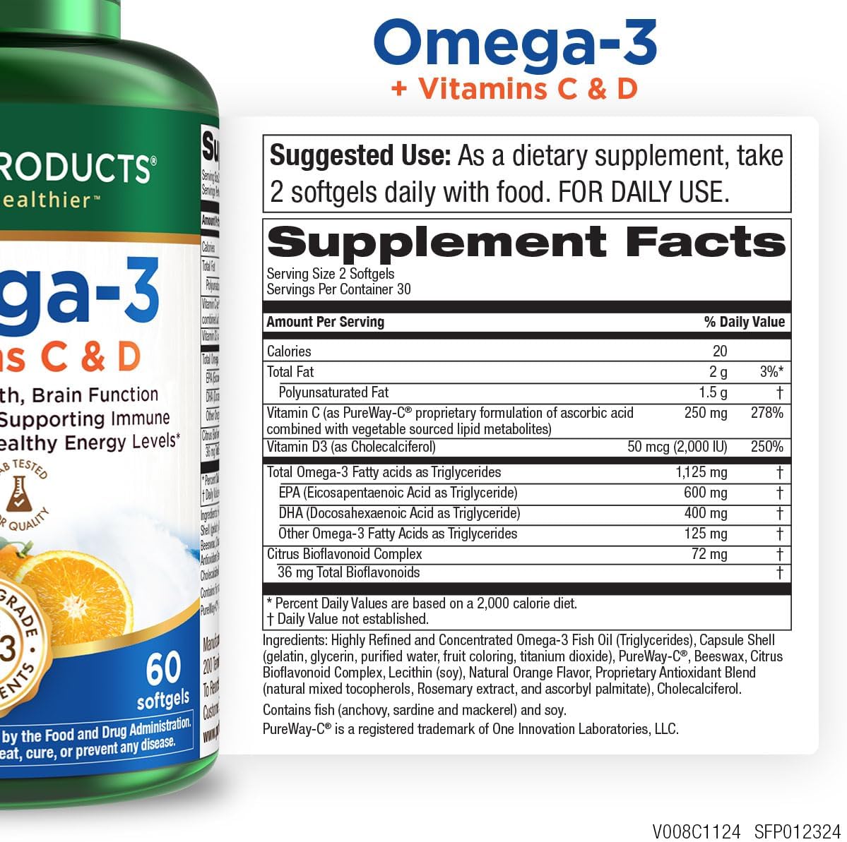 Purity Products - Omega-3 Plus Vitamin C & D, 60 softgels