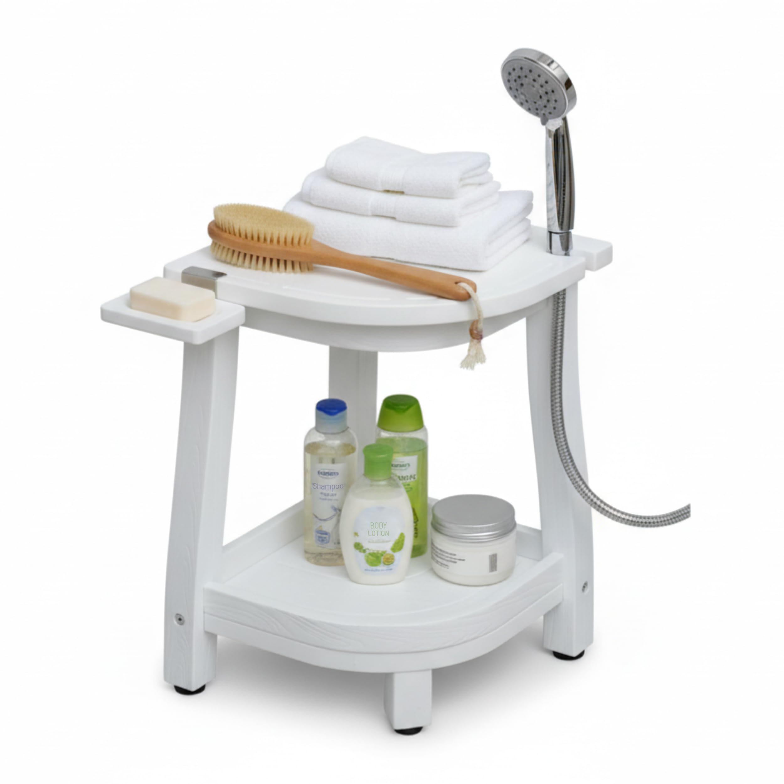 HABAU Premium Duschhocker & Eckduschhocker aus HIPS Kunststoff in Holzoptik – Badhocker mit Ablage, Seifenschale & Duschkopfhalterung – Duschsitz Wasserfest, Rostfrei & rutschfest (Weiß, Eckhocker)
