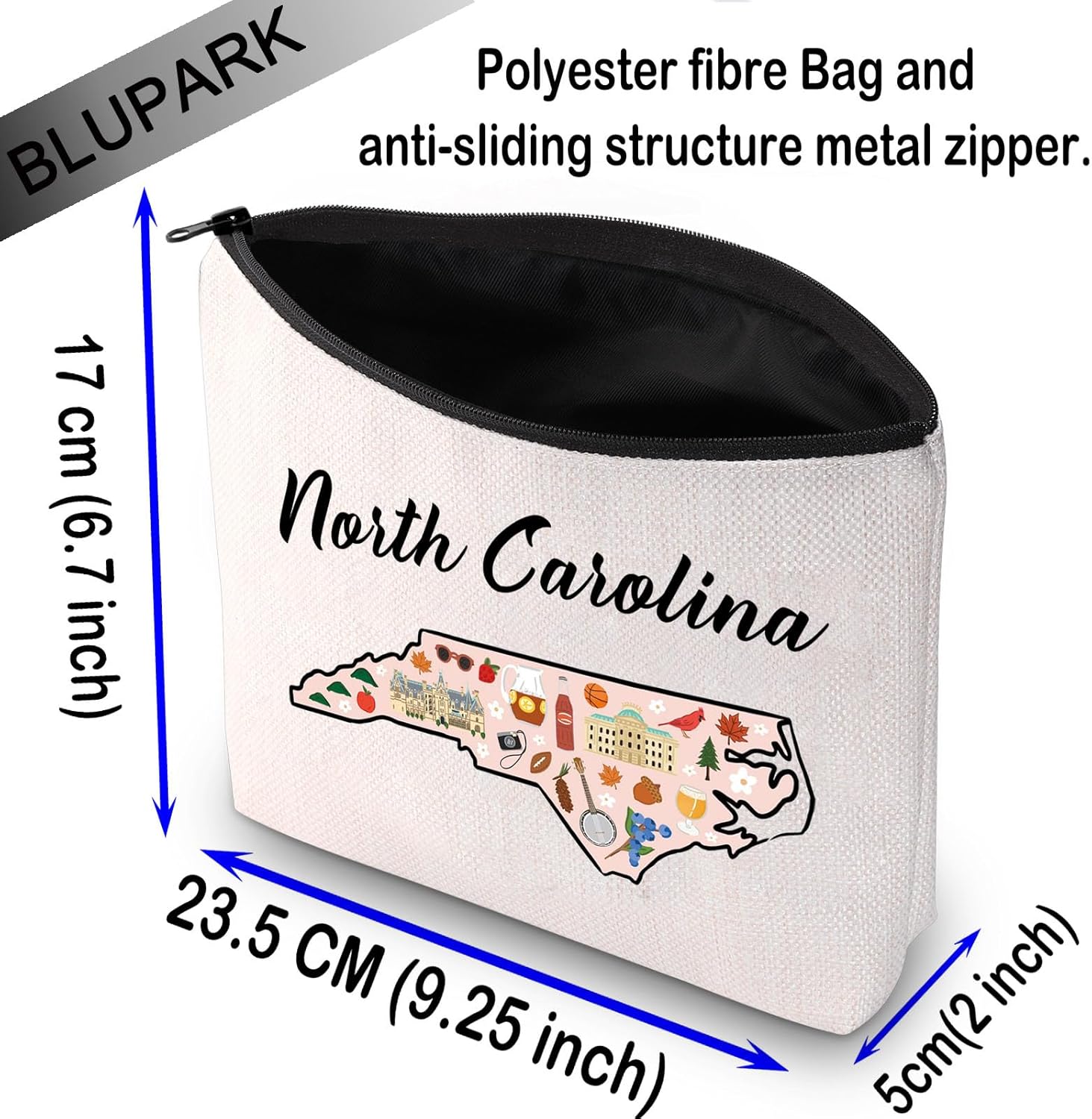 BLUPARK North Carolina Map Cosmetic Bag - Travel Makeup Bag Gift For Someone Moving - Image 2