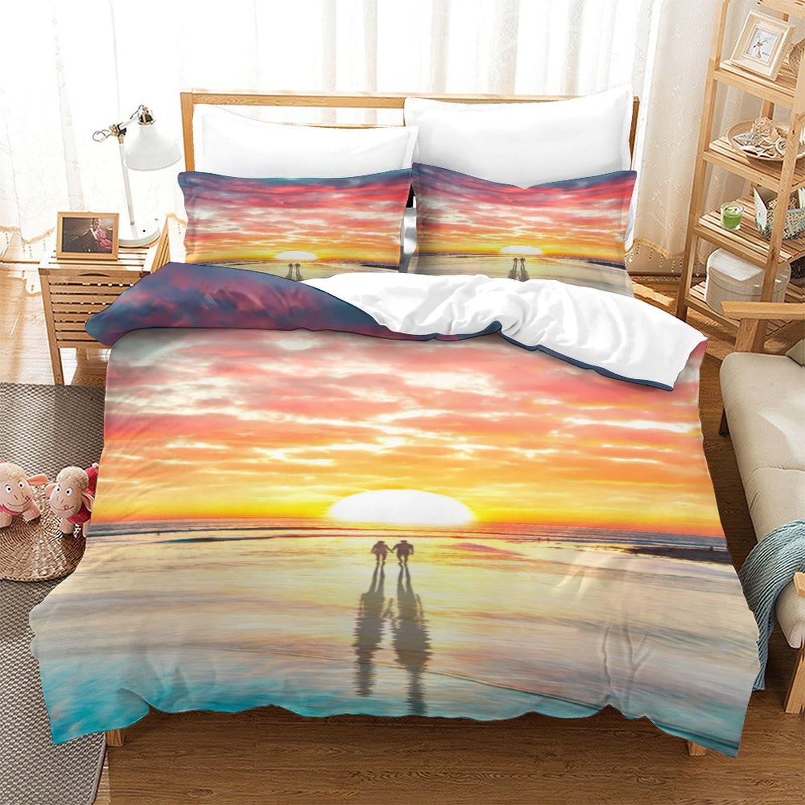 Sonnenuntergang Strand 3D Druck Mikrofaser Bettbezug Atmungsaktive Schlafzimmerdeko Pärchen Bettwäsche Set für Erwachsene Jugendliche King（220x240cm）