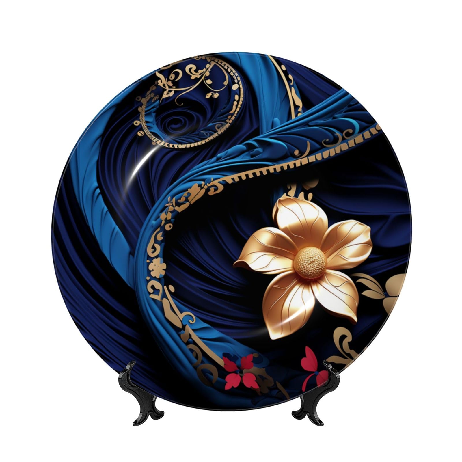 Assiette décorative en porcelaine bleue et noire avec support pour salon et bureau chic