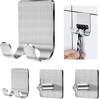 CGBE 2 Packs Razor Holder and 2 Packs Shower Hooks, Self Adhesive Shaver Holder Hanger Hooks for Bathroom, Damage Free Wall Hooks for Razor Shaver Loofah Sponge