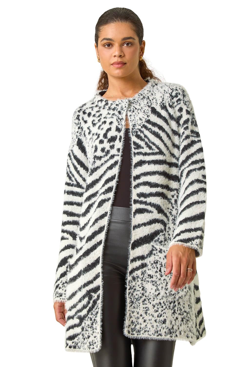 Roman Originals Women's Grey Abstract Animal Print Fluffy Cardigan For Uk - Everyday Autumn Winter Round Neckline Comfy Soft Evening Vacation Work Party Night Out - Size 14
