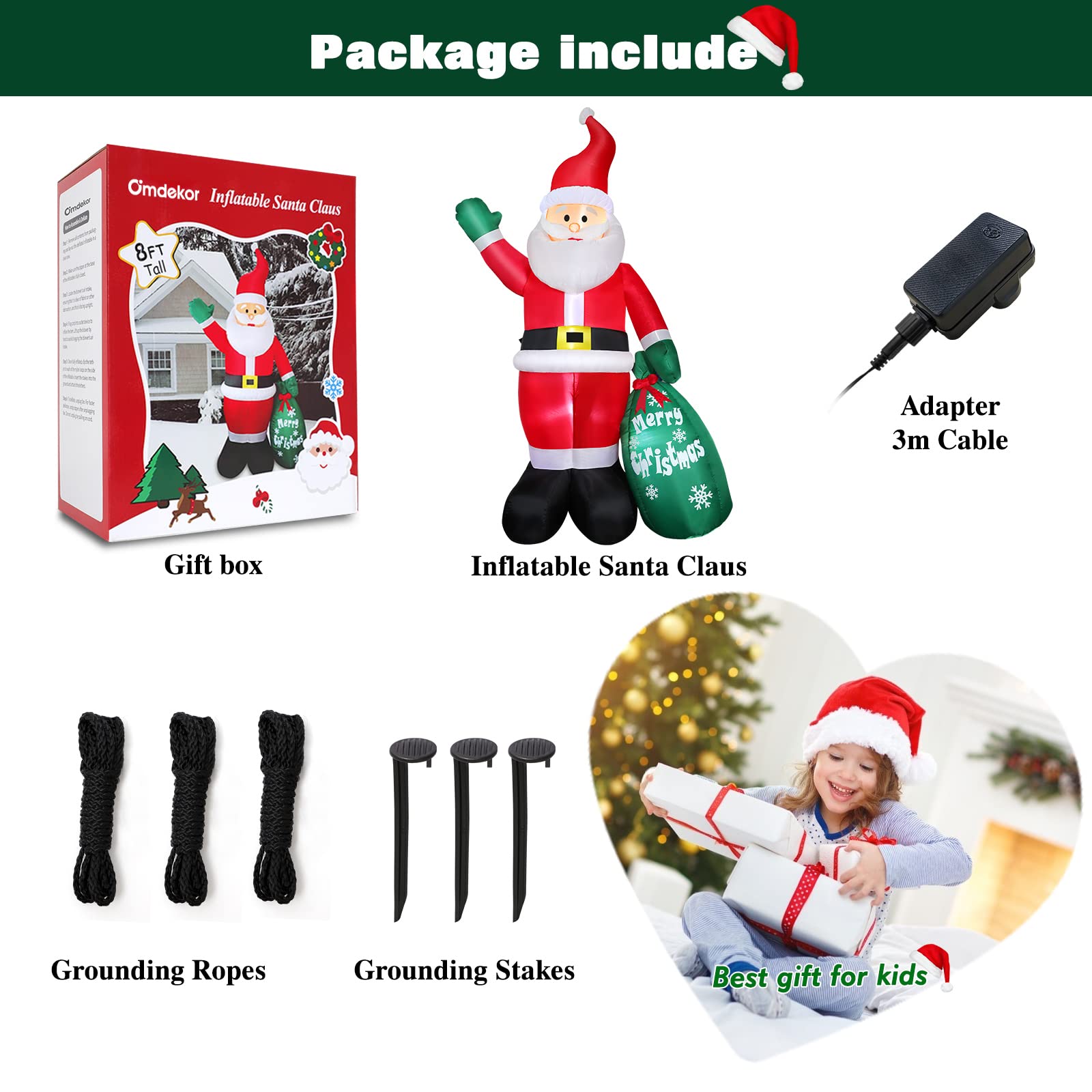 Aufblasbarer Weihnachtsmann 240CM mit LED Beleuchtung, Weihnachtsdeko Christmas Santa mit Grünetüte, IP44 Wetterfest Riesen Figur Nikolaus Santa, Innen Draußen Beleuchtung Deko für Garten Rasen Hof