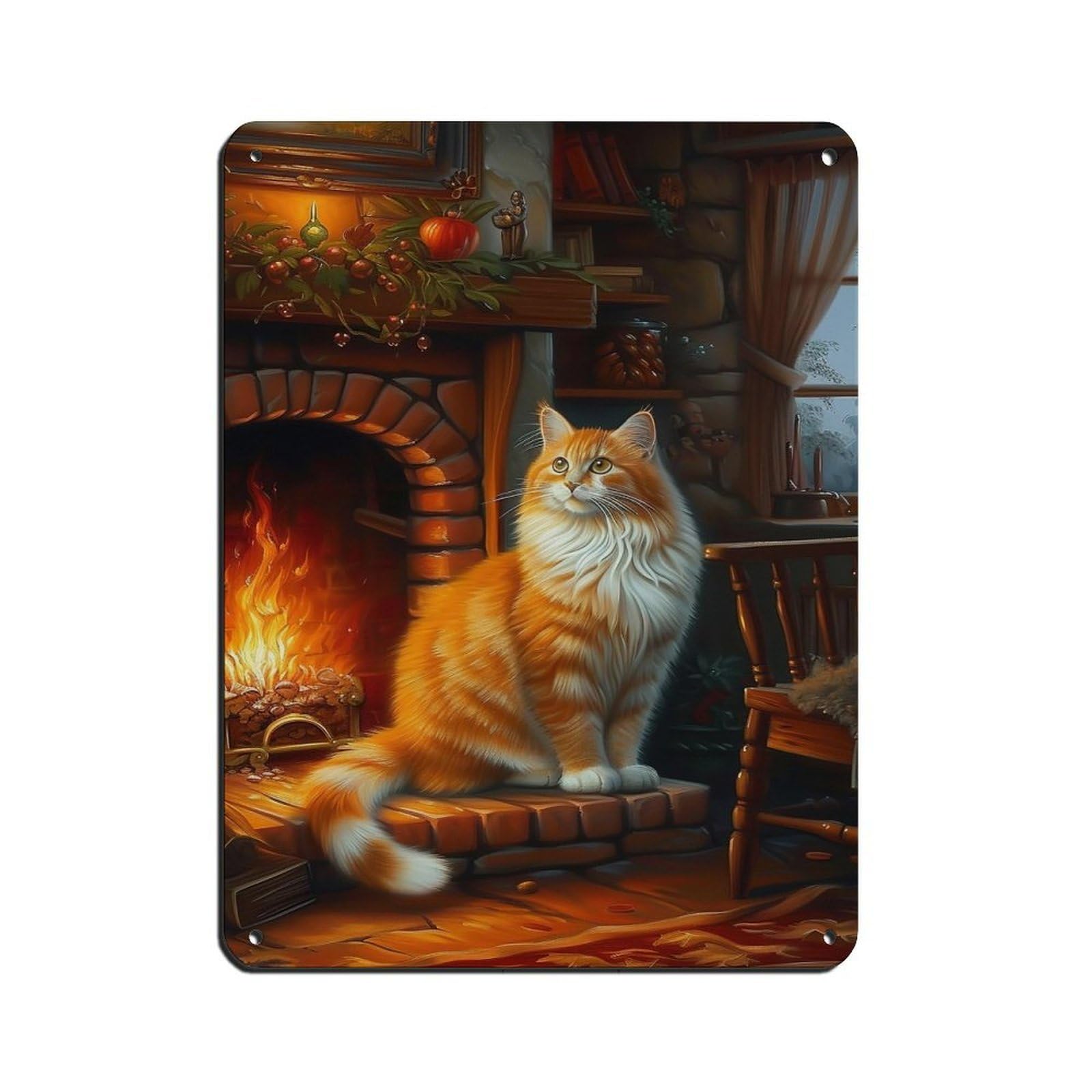 Cottage Cat on Fireplace Oil Painting Poster Retro Poster Metal Tin Sign Chic Art Retro Iron Painting Bar People Cave Cafe Family Garage Poster Wall Decoration 12x16inch(30x40cm)