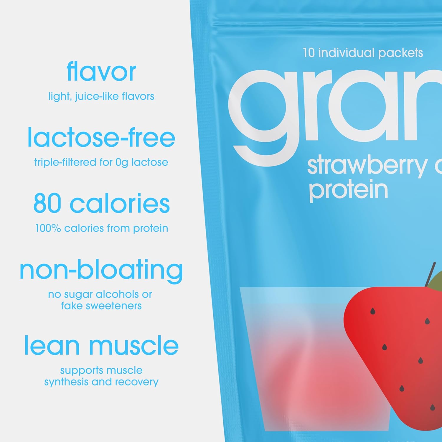 GRAMMS Clear Protein Powder Packets 20G Protein for Women & Men | Lactose Free, Grass-Fed Whey Isolate, Gluten Free, Zero Sugar, Gut Friendly, Non-Bloating (Strawberry Acai-10 Servings) - Image 3