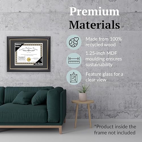 Vista 169 de Creative Picture Frames Marco para diploma Rockefeller de 9 x 12 pulgadas, color negro con borde dorado, muestra un certificado de 9 x 12 pulgadas