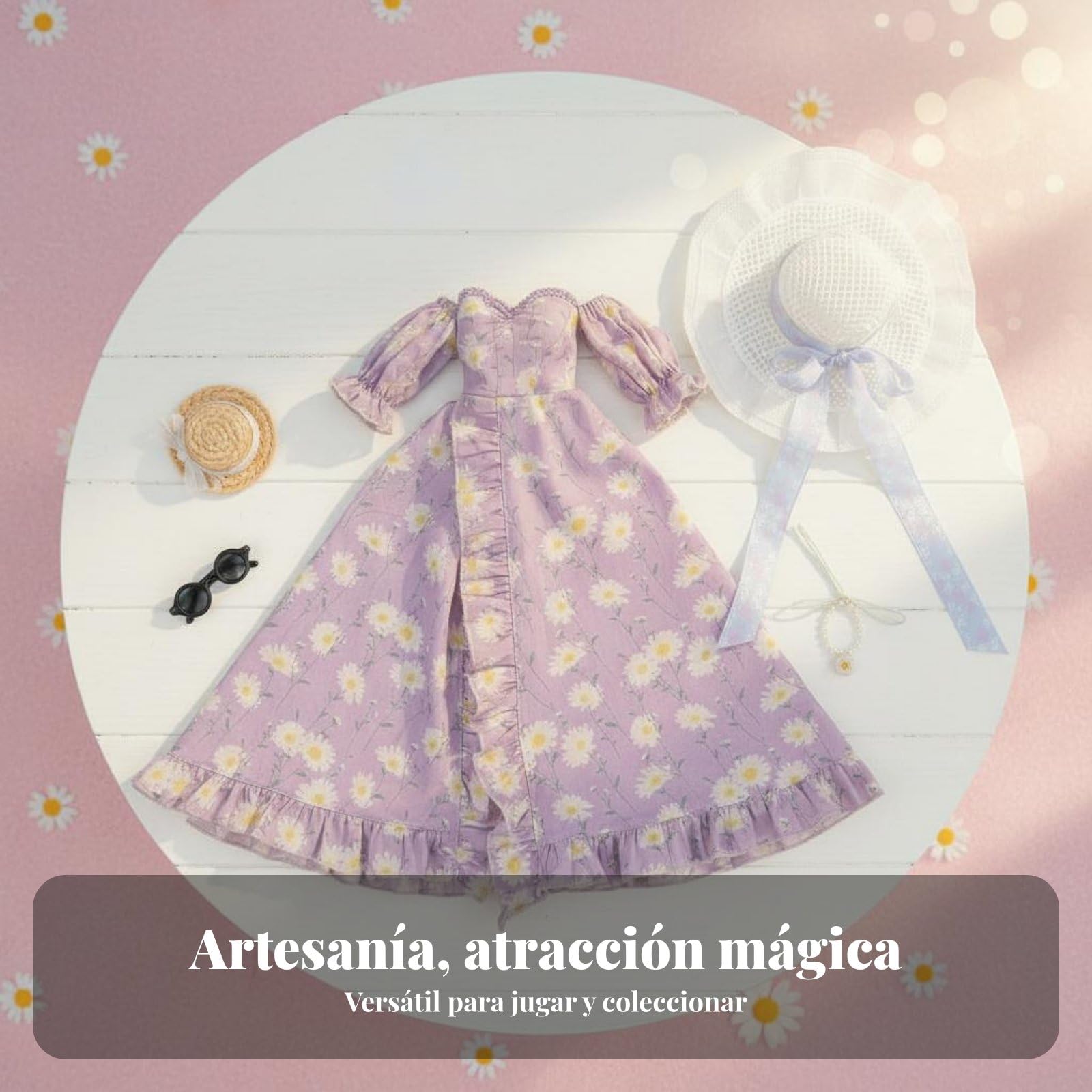 Sharplace Vestido Bjd Muñeca Conjunto Ropa Traje Vestimenta Diseño Romántico con Flores en y Mangas Abullonadas Sombrero y Collar Adecuado para Muñecas Articuladas 60cm Colección Juego Decoración