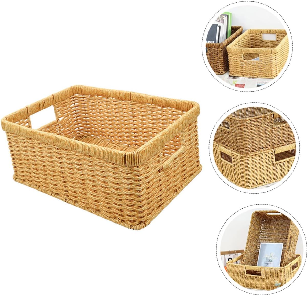 KOMBIUDA Hollow Handle Woven Storage Basket for Sundries Imitation Rattan Design Material for Desktop Snack and Cosmetic Organization