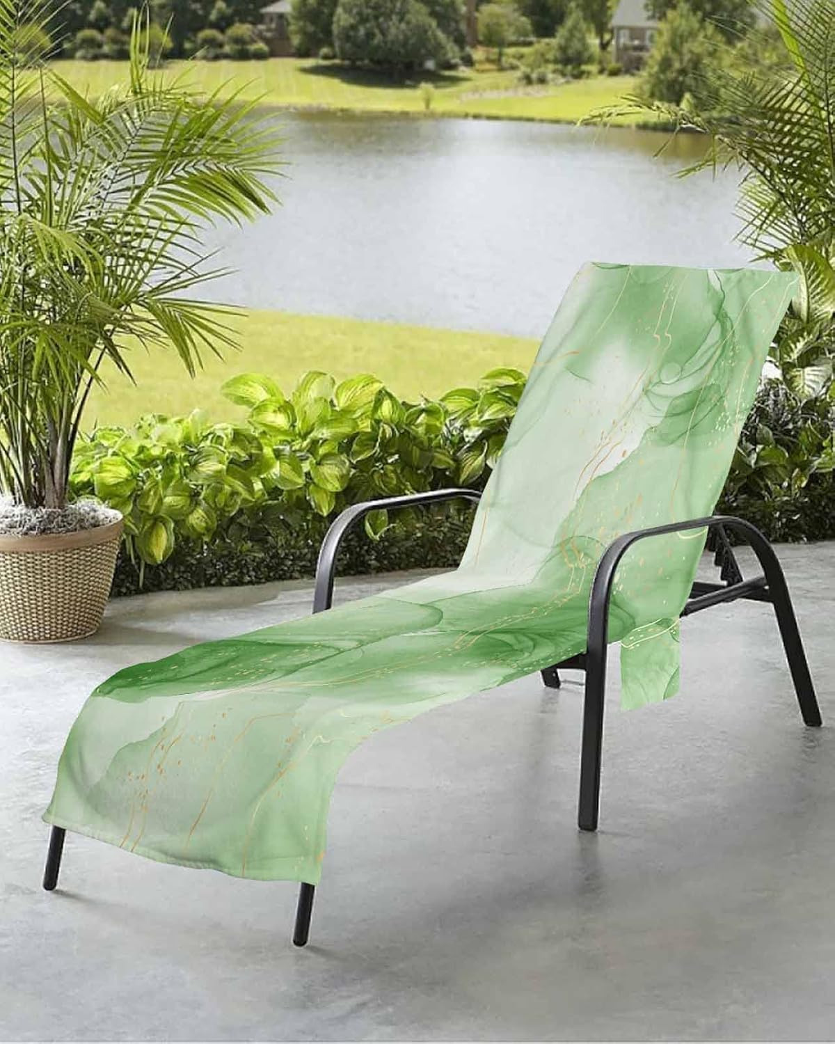 Marble Green Beach Pool Patio Lounge Chaise Chair Cover Towel With Pockets,Absorbent & Quick Dry Microfiber Towel Cover Bag Summer Accessories for Sunbathing Modern Minimalist Geometric Abstract Gold